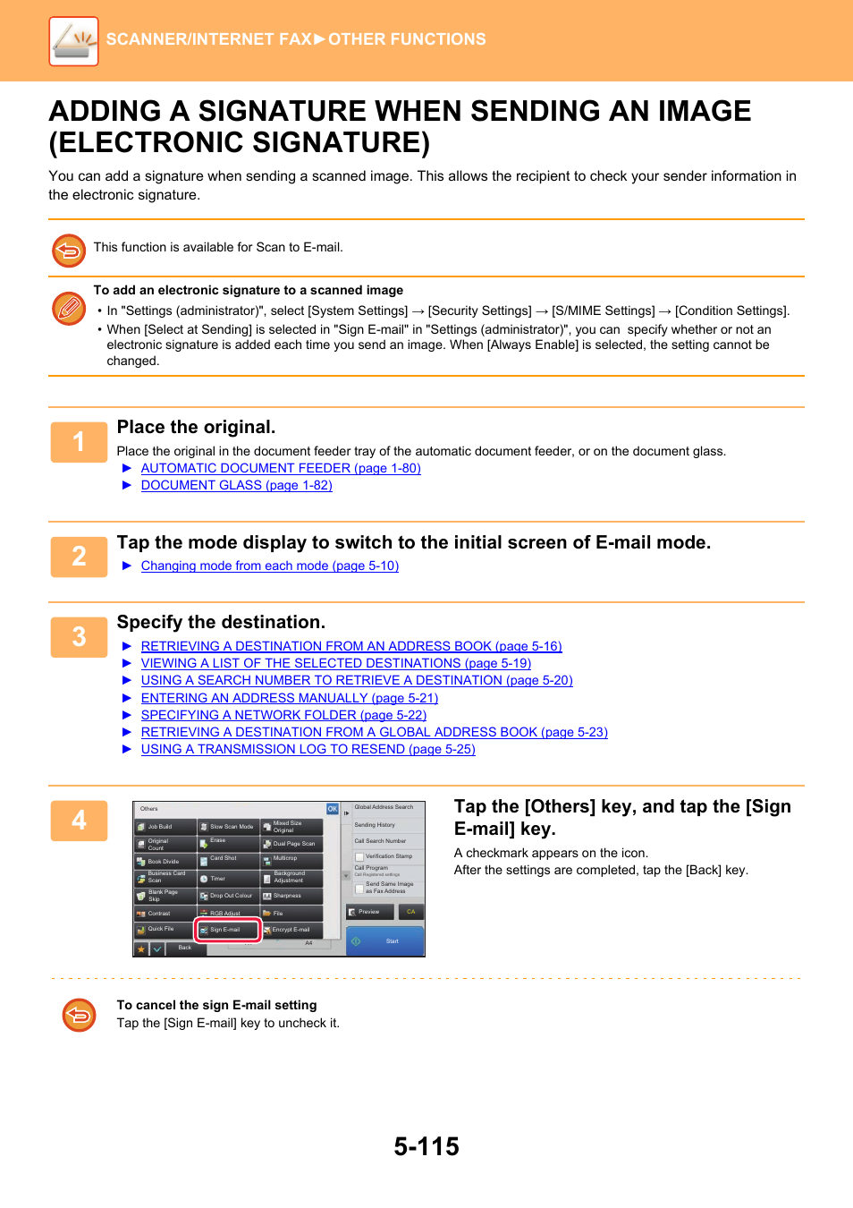 Adding a signature when sending an, Image (electronic signature) -115, Place the original | Specify the destination, Scanner/internet fax ►other functions | Sharp MX-6070N User Manual | Page 644 / 935