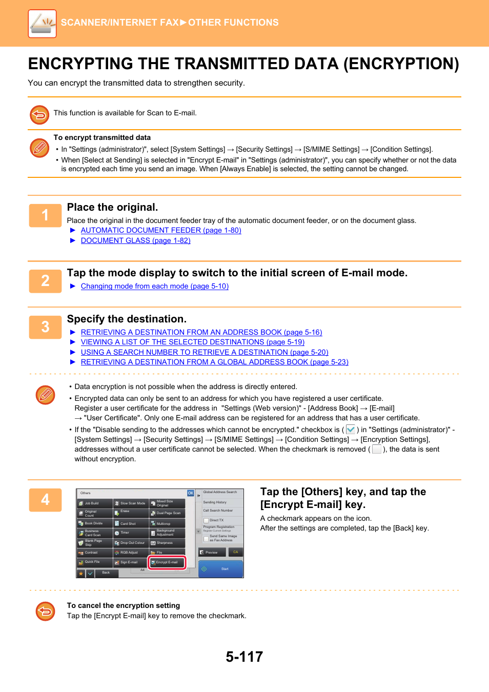 Encrypting the transmitted data, Encryption) -117, Encrypting the transmitted data (encryption) | Place the original, Specify the destination, Scanner/internet fax ►other functions | Sharp MX-6070N User Manual | Page 646 / 935