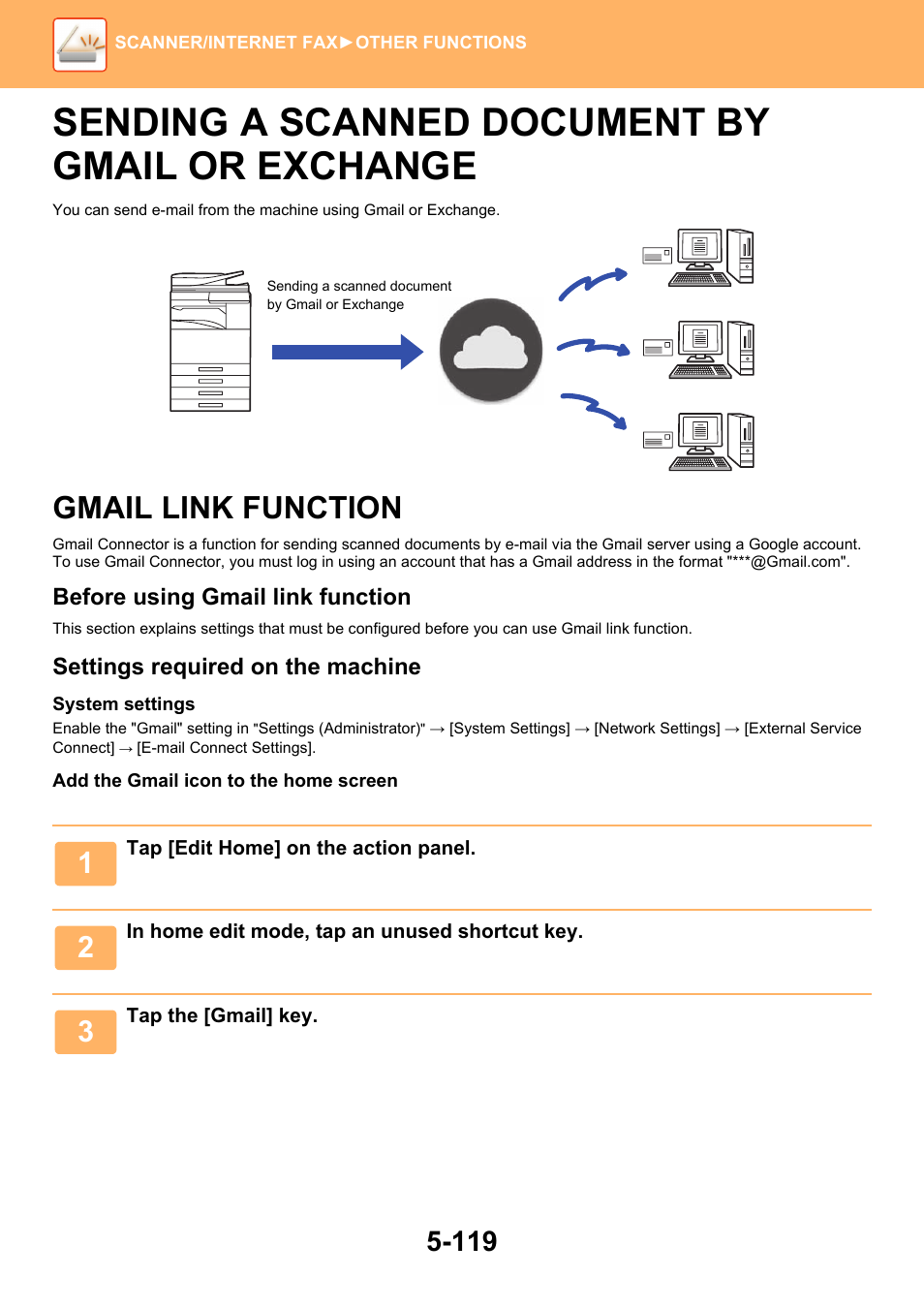 Gmail link function -119, Sending a scanned document by gmail or exchange, Gmail link function | Before using gmail link function, Settings required on the machine | Sharp MX-6070N User Manual | Page 648 / 935