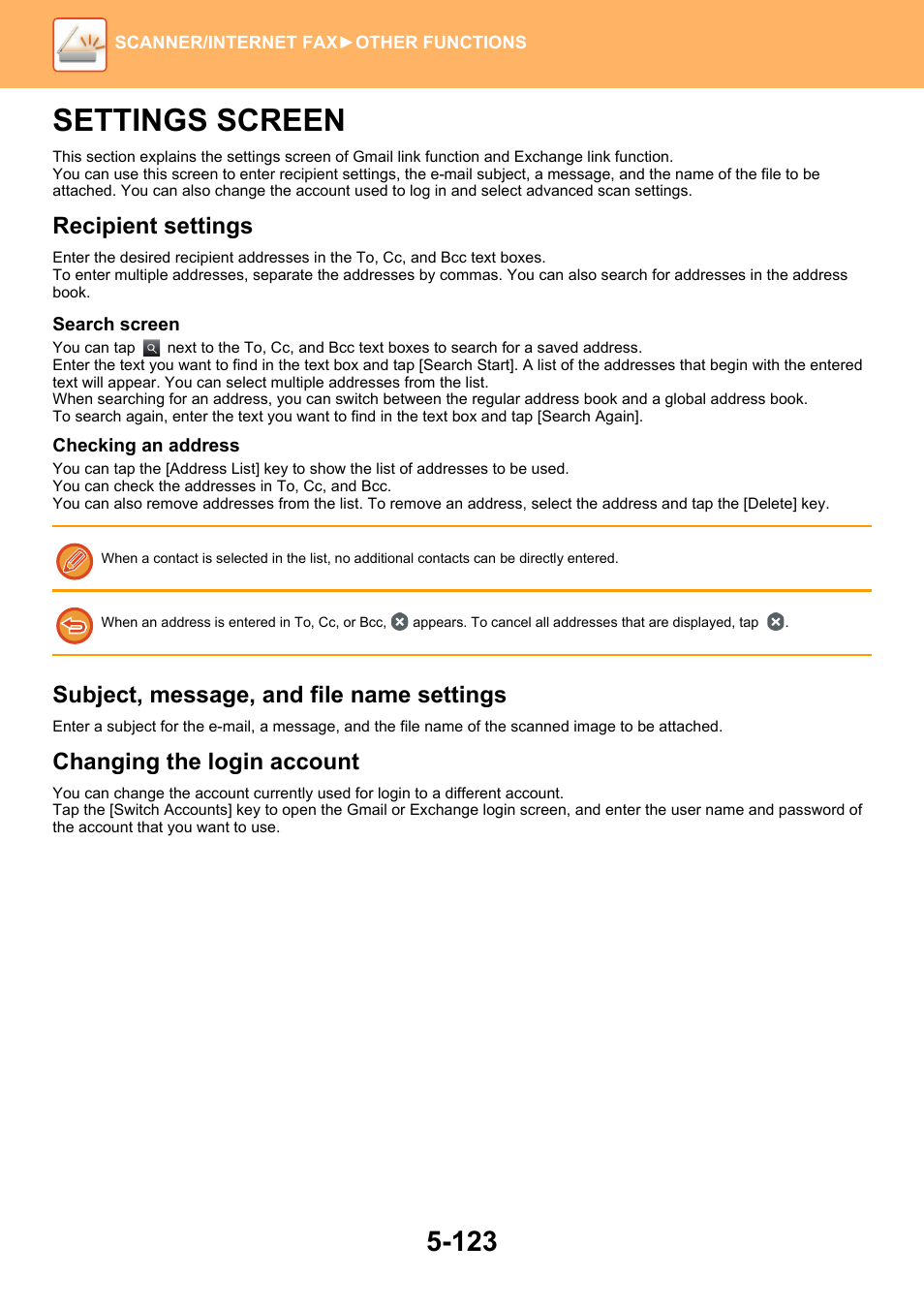 Settings screen -123, Settings screen, Recipient settings | Subject, message, and file name settings, Changing the login account | Sharp MX-6070N User Manual | Page 652 / 935