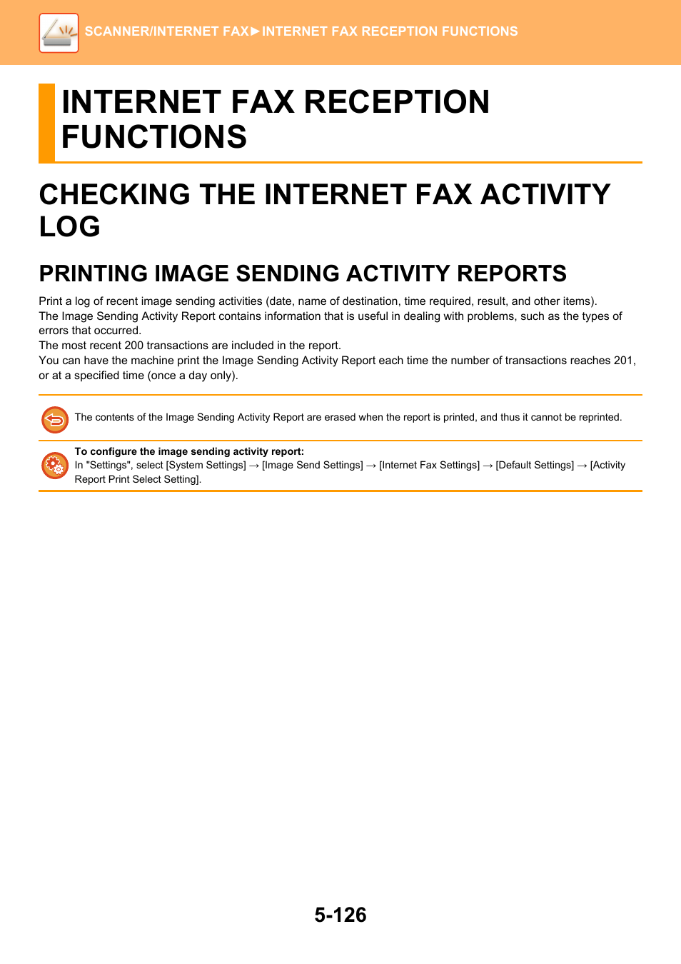 Internet fax reception functions, Checking the internet fax activity log -126, Printing image sending activity | Reports -126, Checking the internet fax activity log, Printing image sending activity reports | Sharp MX-6070N User Manual | Page 655 / 935