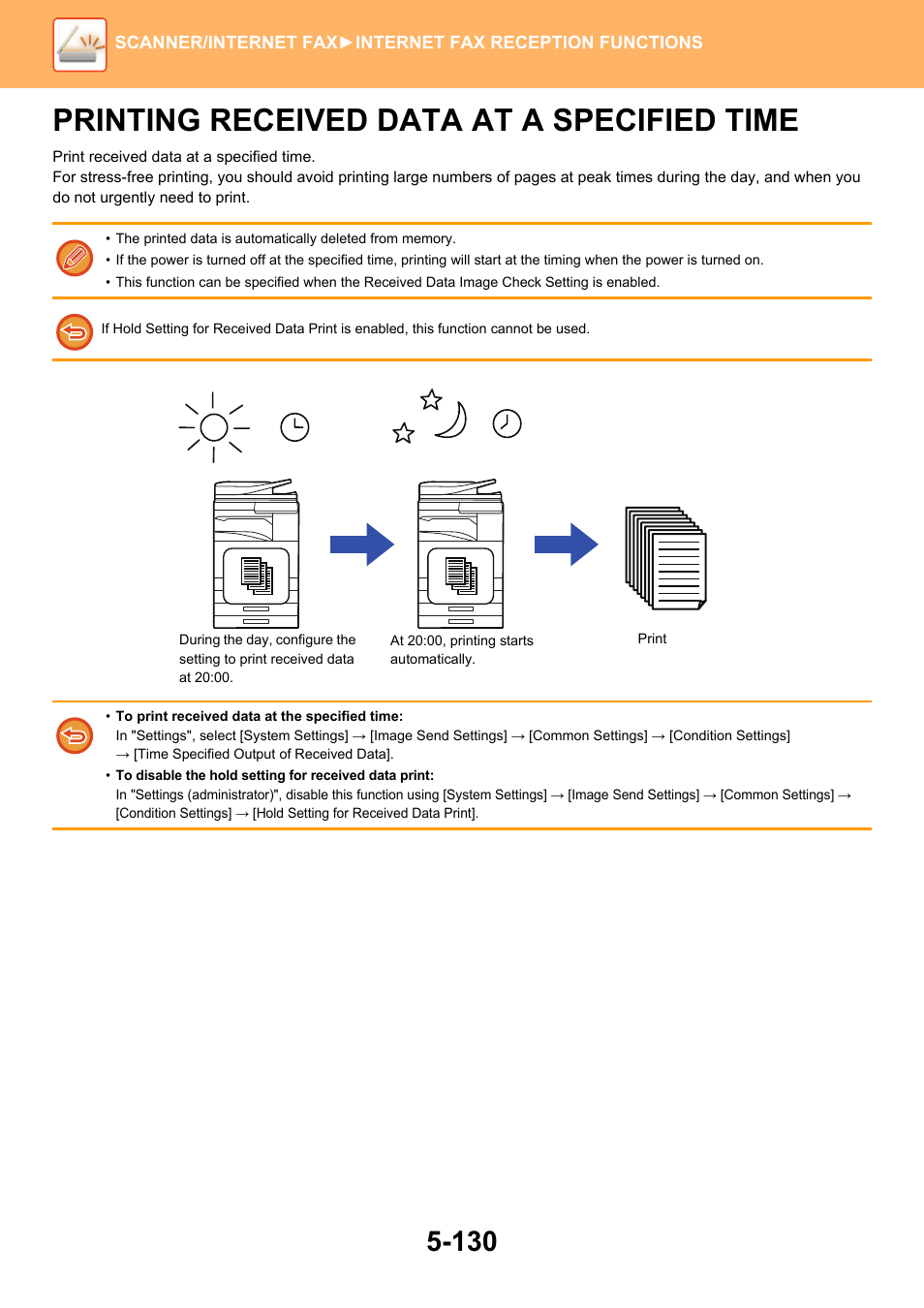 Printing received data at a specified, Time -130, Printing received data at a specified time | Sharp MX-6070N User Manual | Page 659 / 935