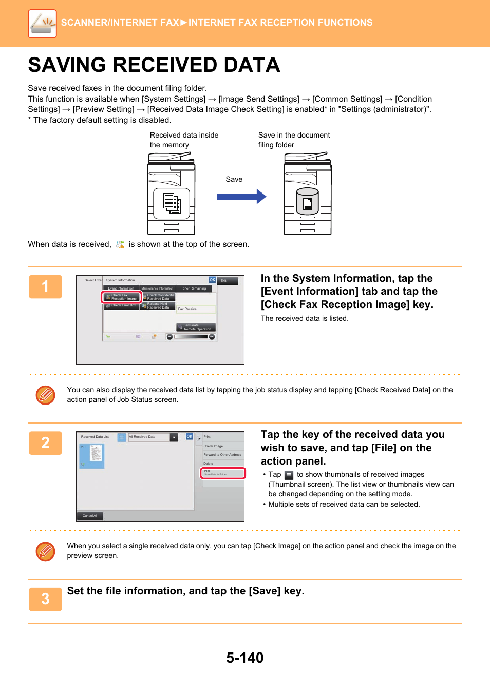 Saving received data -140, Saving received data, Set the file information, and tap the [save] key | Sharp MX-6070N User Manual | Page 669 / 935