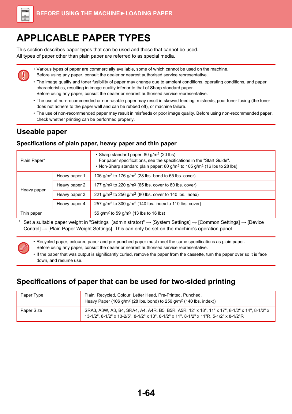 Applicable paper types -64, Applicable paper types, Useable paper | Before using the machine ►loading paper | Sharp MX-6070N User Manual | Page 67 / 935