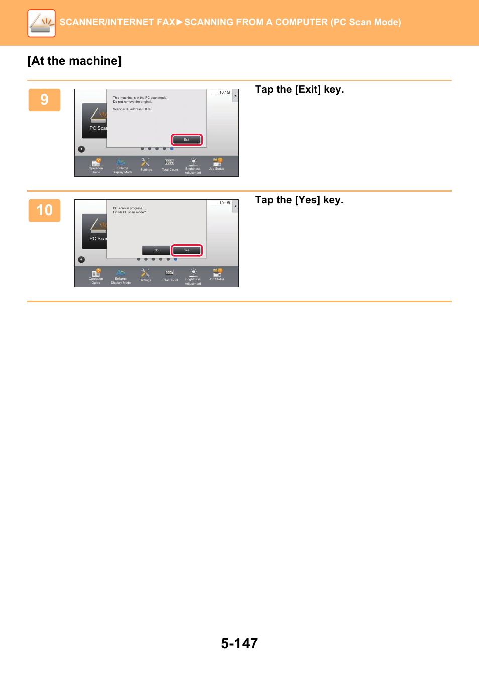 At the machine, Tap the [exit] key, Tap the [yes] key | Sharp MX-6070N User Manual | Page 676 / 935