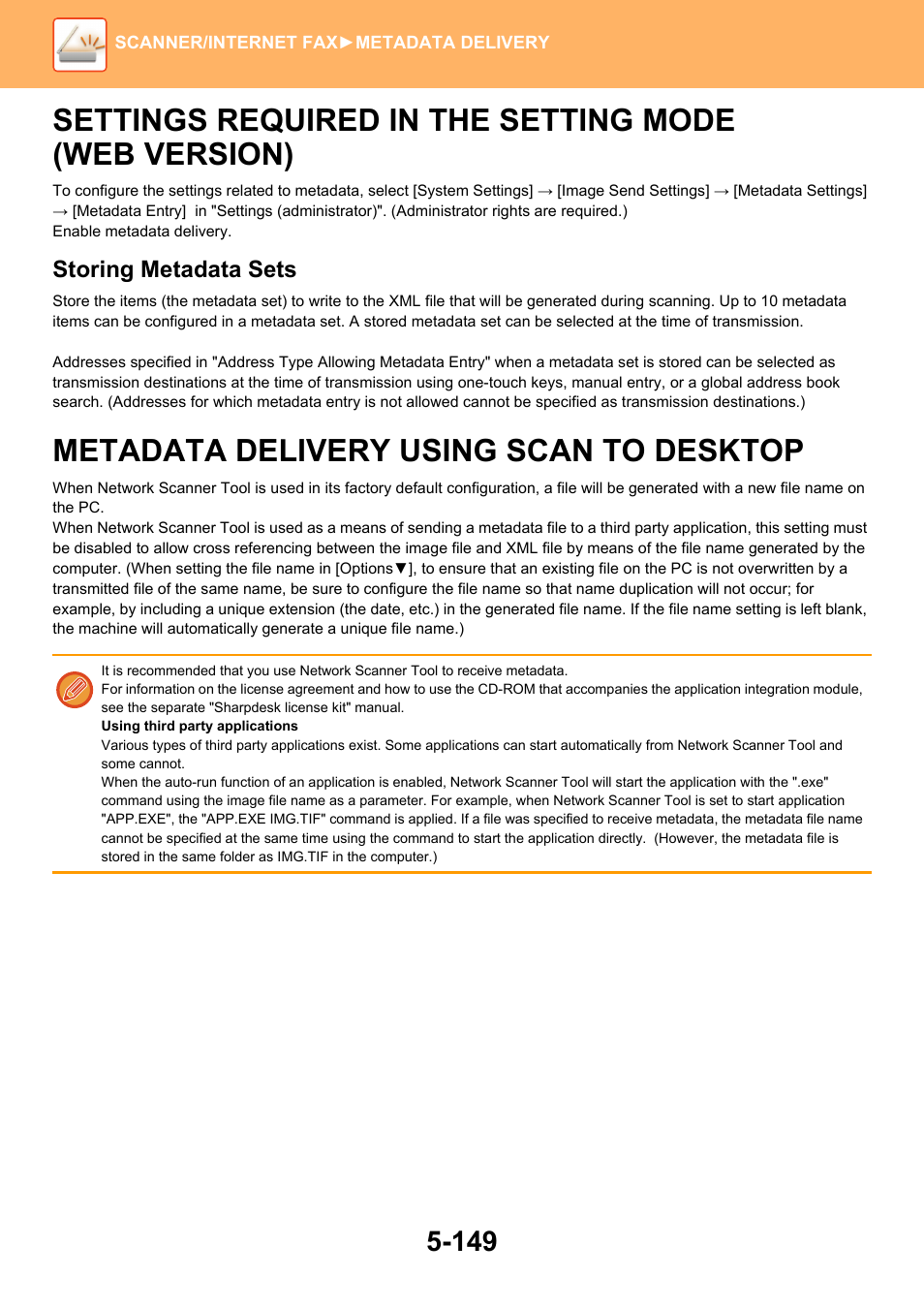 Settings required in the setting, Mode (web version) -149, Metadata delivery using scan to | Desktop -149, Metadata delivery using scan to desktop | Sharp MX-6070N User Manual | Page 678 / 935