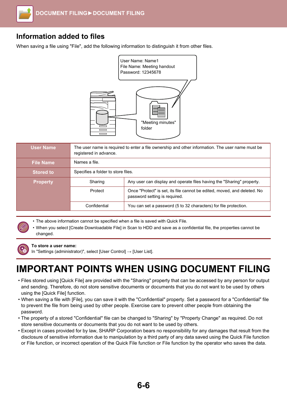 Important points when using, Document filing, Important points when using document filing | Information added to files | Sharp MX-6070N User Manual | Page 686 / 935