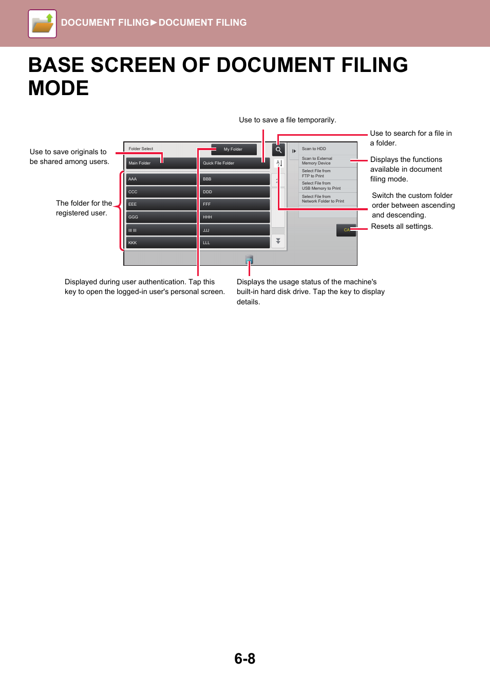 Base screen of document filing mode, Document filing► document filing | Sharp MX-6070N User Manual | Page 688 / 935