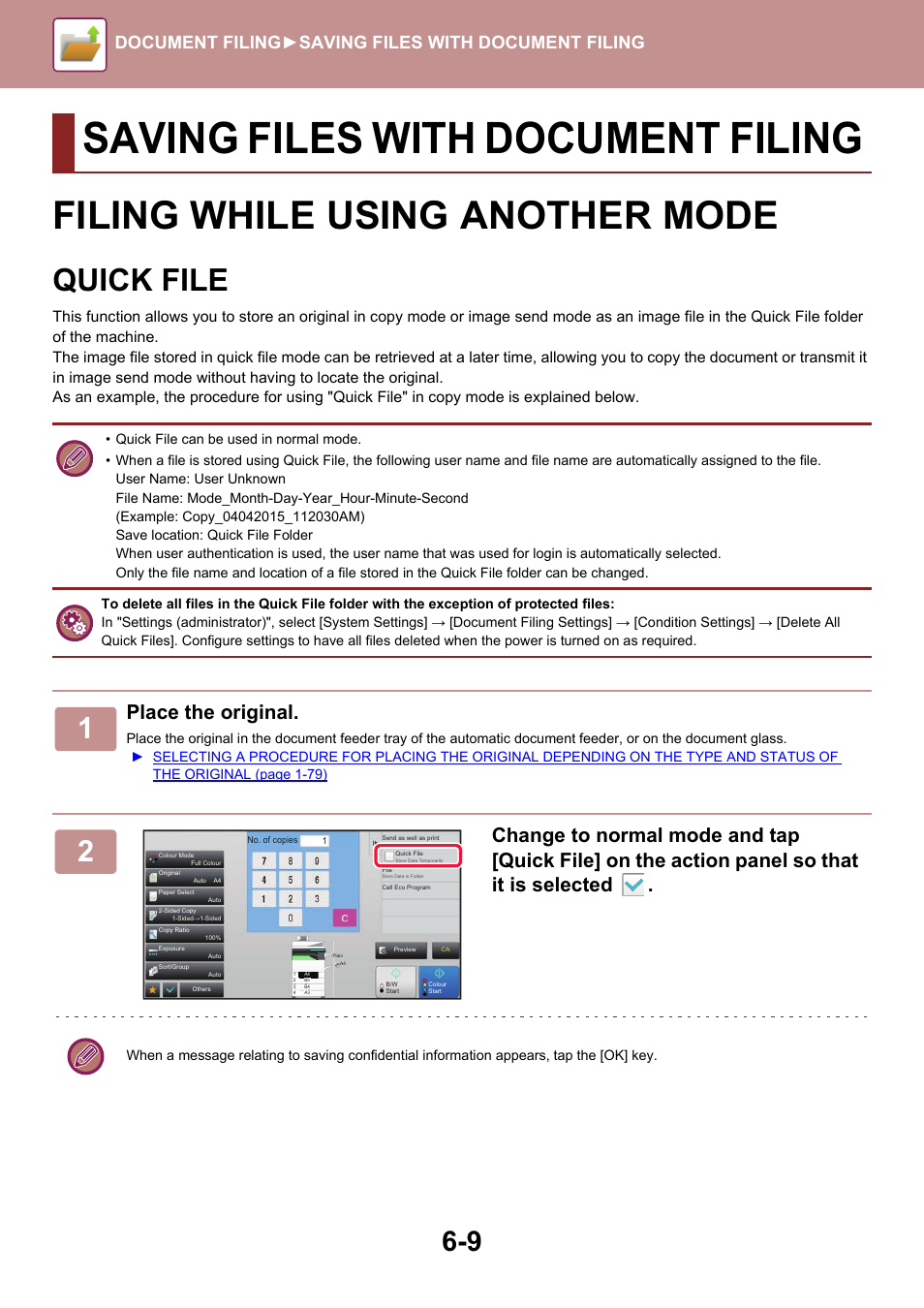 Saving files with document filing, Filing while using another mode, Quick file | Place the original, Document filing► saving files with document filing | Sharp MX-6070N User Manual | Page 689 / 935