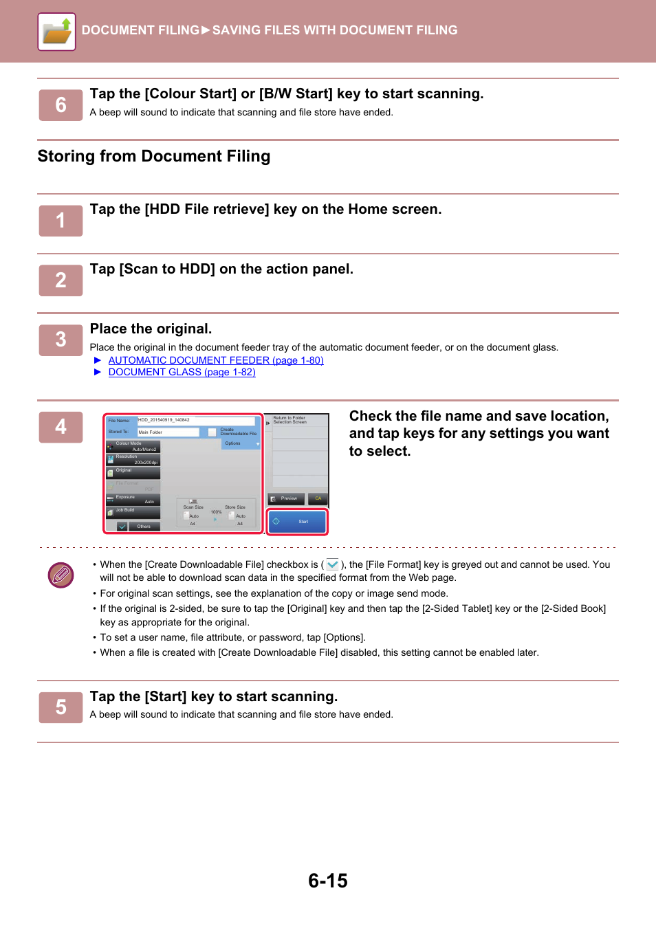 Storing from document filing, Tap the [hdd file retrieve] key on the home screen, Tap [scan to hdd] on the action panel | Place the original, Tap the [start] key to start scanning, Document filing► saving files with document filing | Sharp MX-6070N User Manual | Page 695 / 935