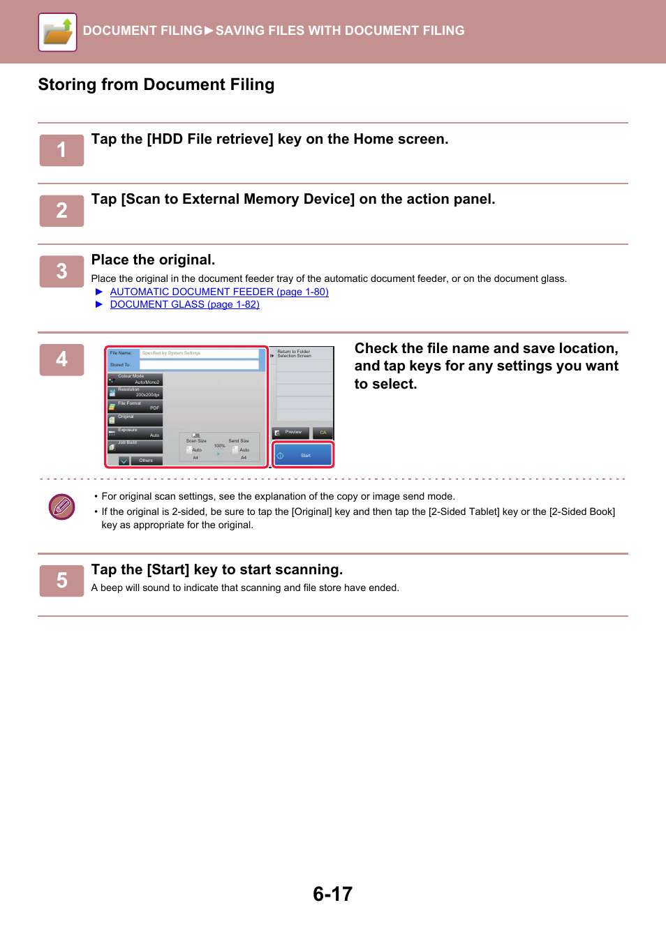 Storing from document filing, Tap the [hdd file retrieve] key on the home screen, Place the original | Tap the [start] key to start scanning, Document filing► saving files with document filing | Sharp MX-6070N User Manual | Page 697 / 935