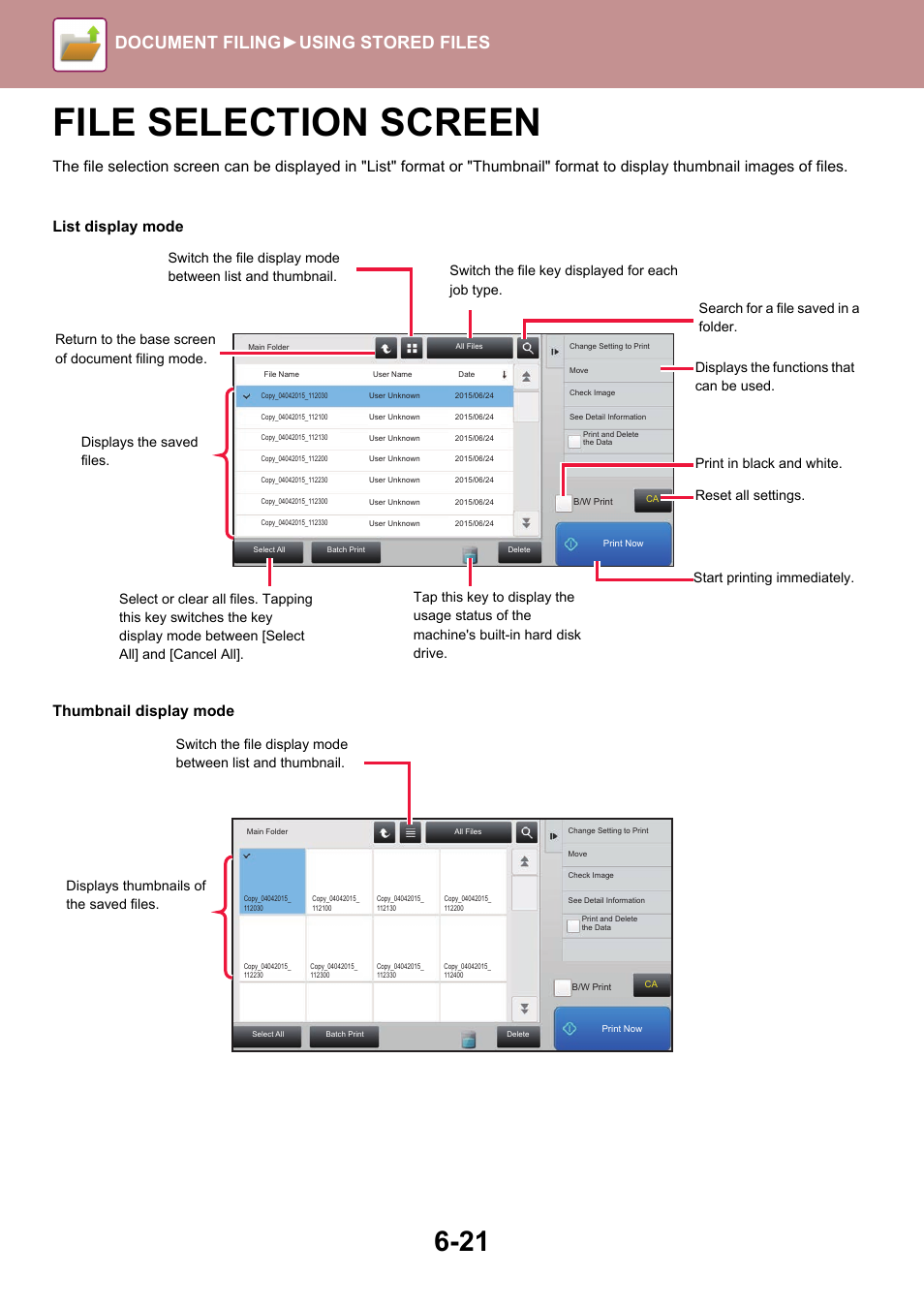 File selection screen -21, File selection screen, Document filing► using stored files | Sharp MX-6070N User Manual | Page 701 / 935