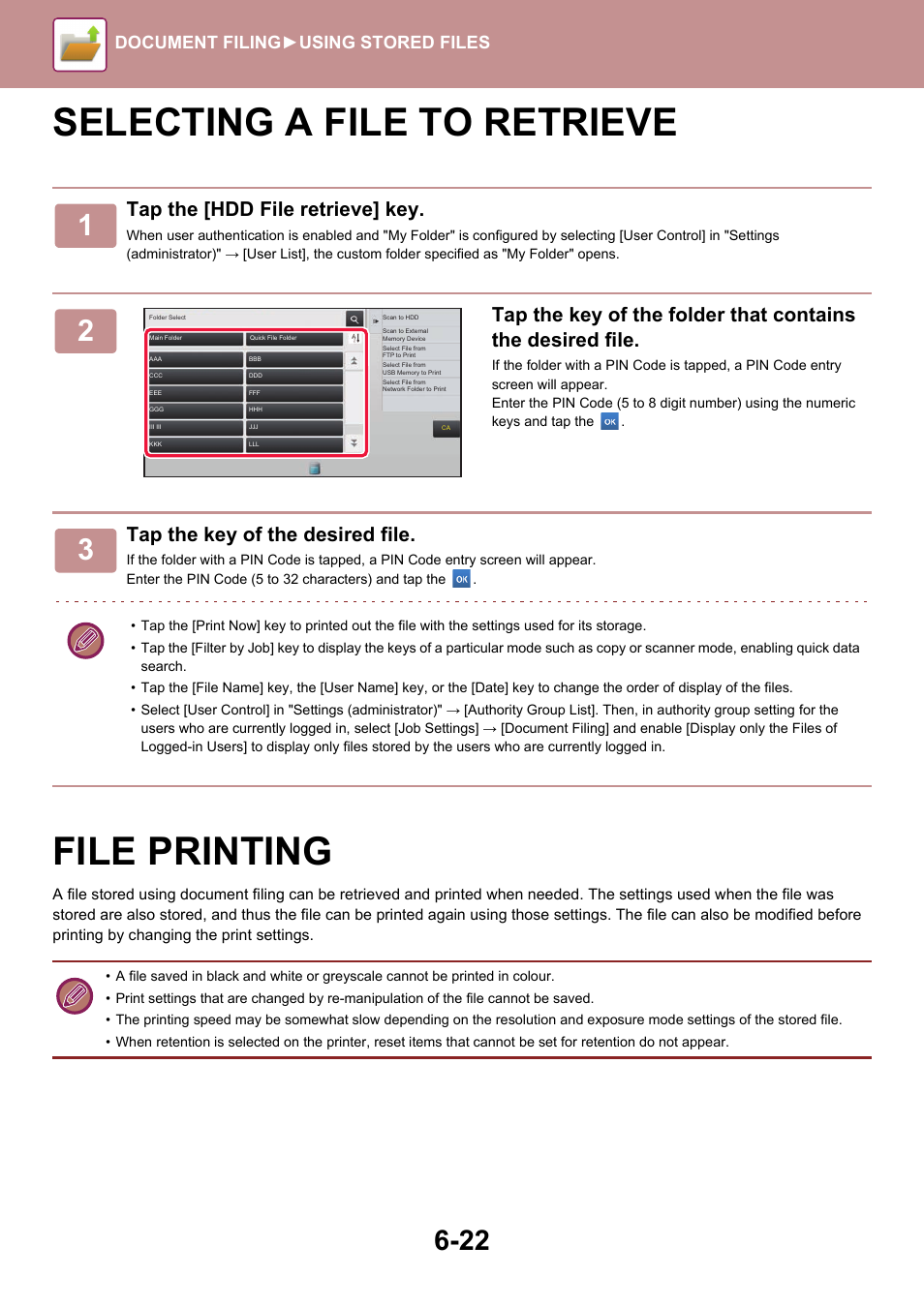 Selecting a file to retrieve -22, File printing -22, Selecting a file to retrieve file printing | Tap the [hdd file retrieve] key, Tap the key of the desired file, Document filing► using stored files | Sharp MX-6070N User Manual | Page 702 / 935