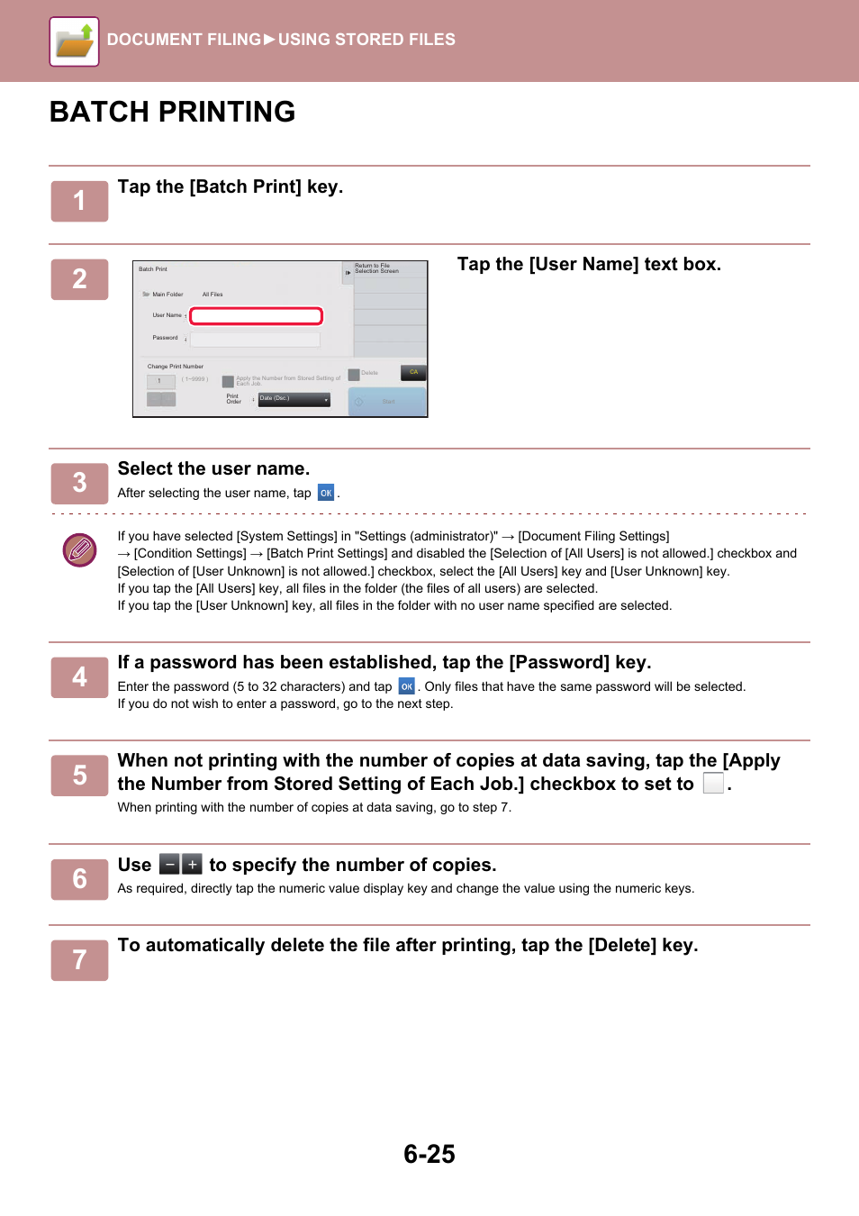 Batch printing -25, Batch printing, Tap the [batch print] key | Tap the [user name] text box, Select the user name, Use to specify the number of copies | Sharp MX-6070N User Manual | Page 705 / 935