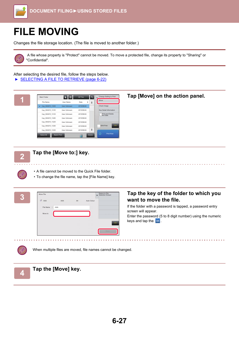 File moving -27, File moving, Tap [move] on the action panel | Tap the [move to:] key, Tap the [move] key, Document filing► using stored files, Selecting a file to retrieve (page 6-22) | Sharp MX-6070N User Manual | Page 707 / 935