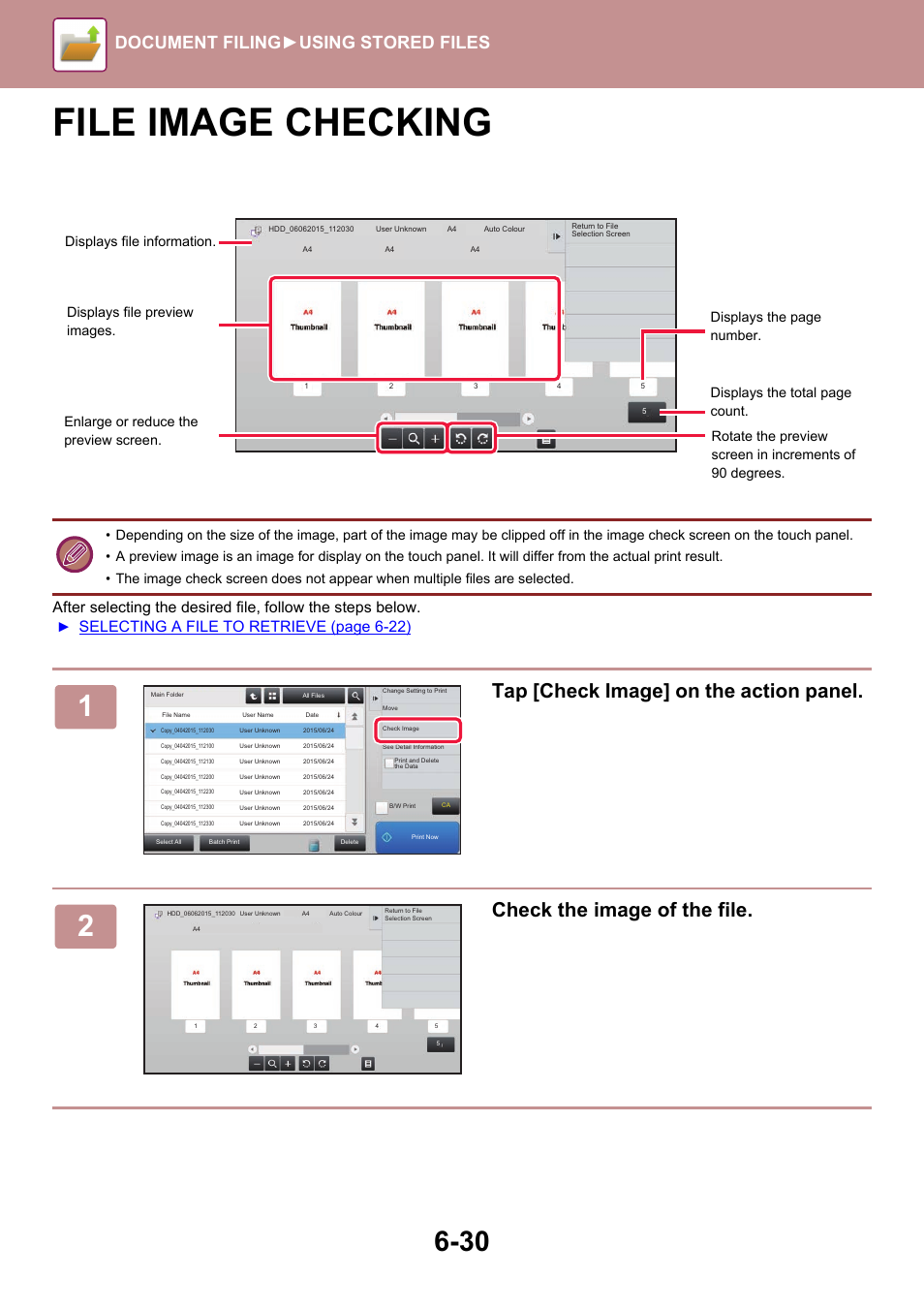 File image checking -30, File image checking, Tap [check image] on the action panel | Check the image of the file, Document filing► using stored files, Selecting a file to retrieve (page 6-22) | Sharp MX-6070N User Manual | Page 710 / 935