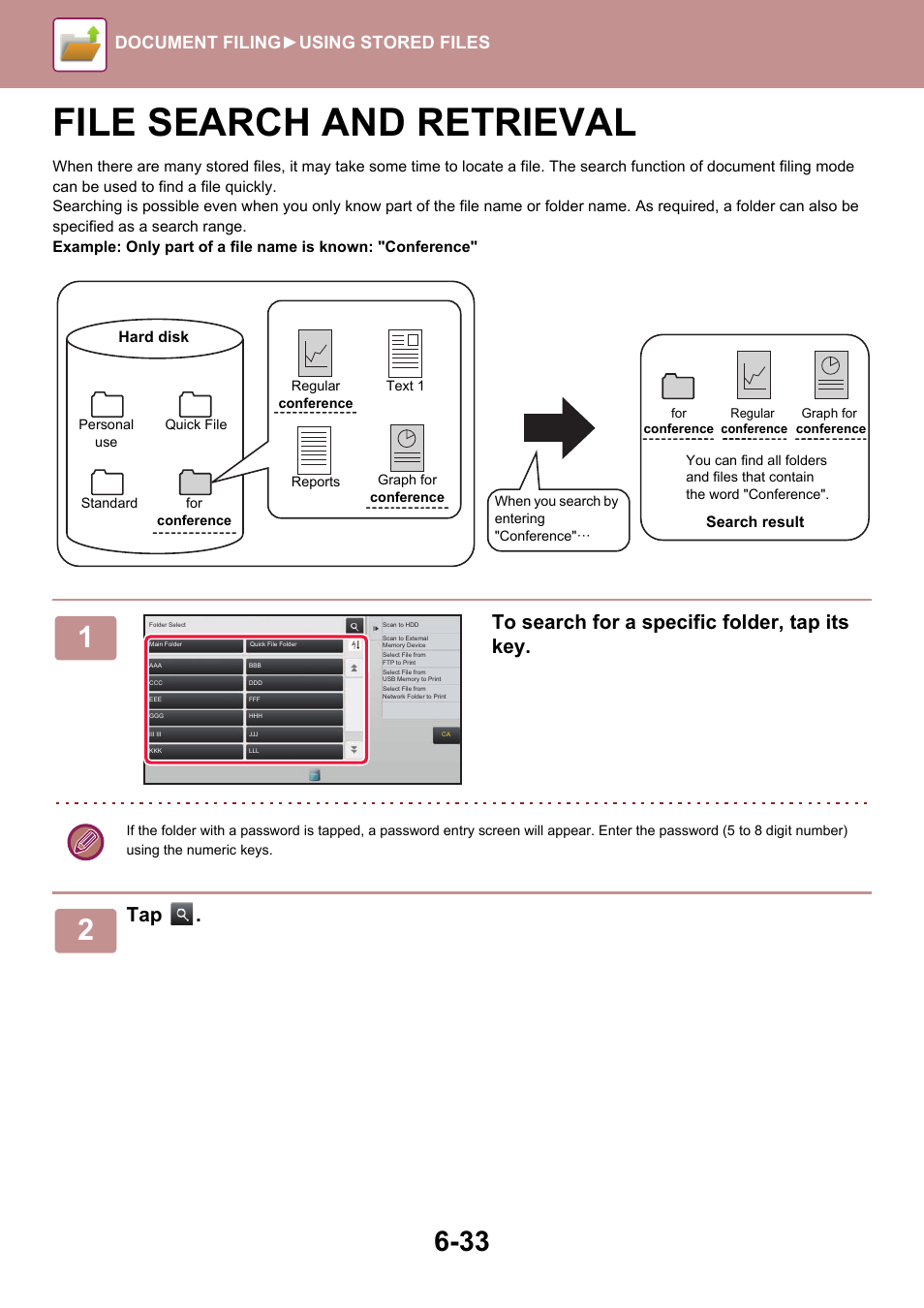 File search and retrieval -33, File search and retrieval, Document filing► using stored files | Sharp MX-6070N User Manual | Page 713 / 935