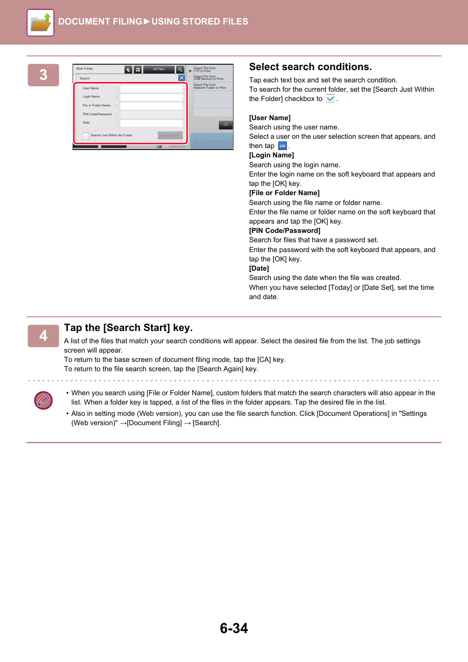 Select search conditions, Tap the [search start] key, Document filing► using stored files | Sharp MX-6070N User Manual | Page 714 / 935