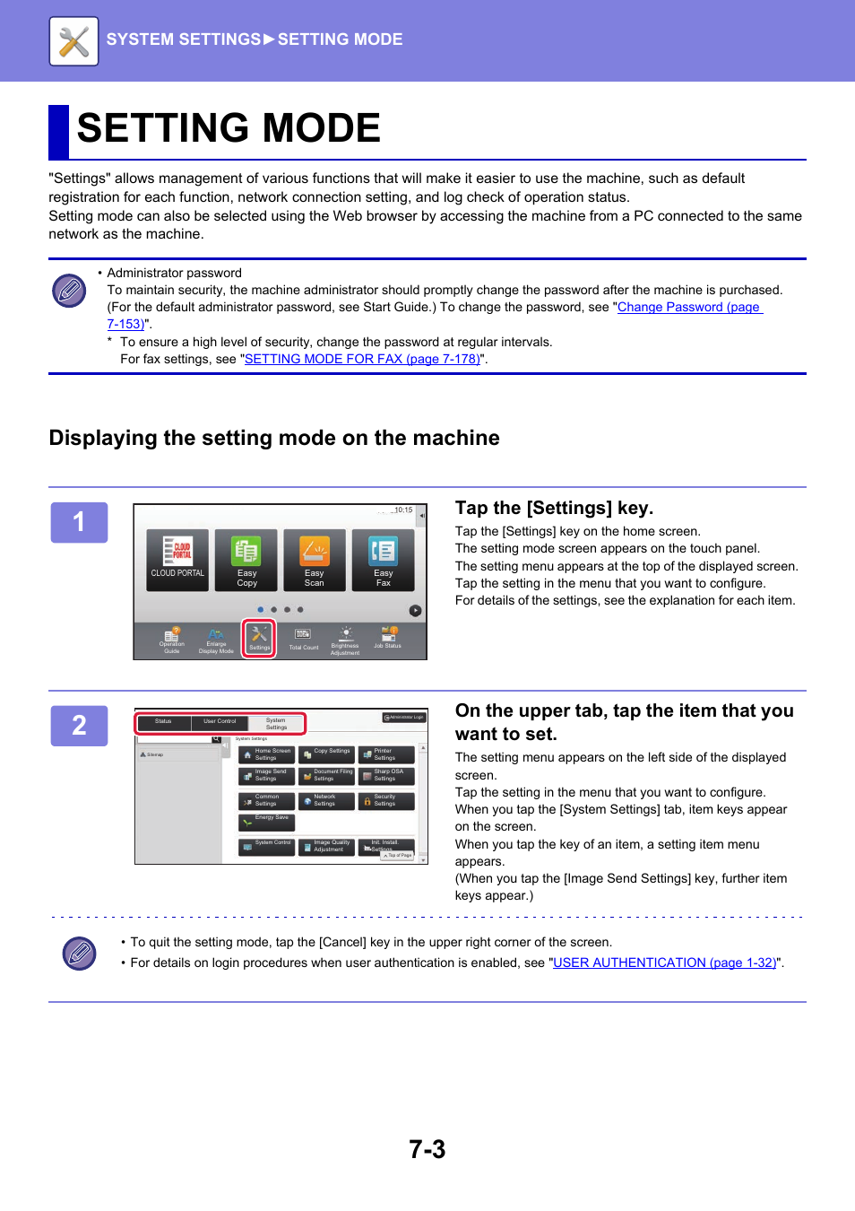 Setting mode, Displaying the setting mode on the machine, Tap the [settings] key | System settings► setting mode | Sharp MX-6070N User Manual | Page 718 / 935