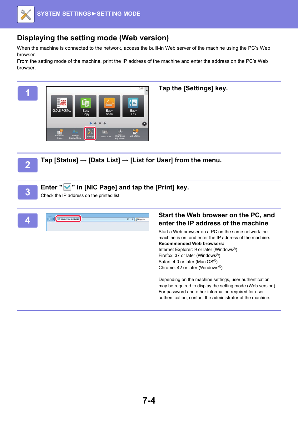 Displaying the setting mode (web version), Tap the [settings] key, Enter " " in [nic page] and tap the [print] key | System settings► setting mode | Sharp MX-6070N User Manual | Page 719 / 935