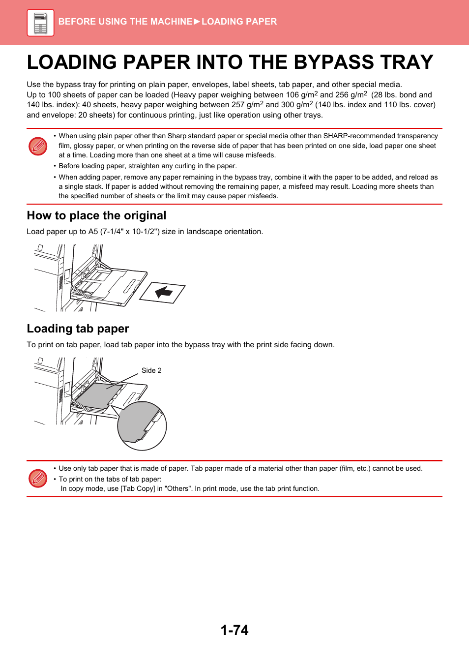 Loading paper into the bypass tray -74, Loading paper into the bypass tray, How to place the original | Loading tab paper | Sharp MX-6070N User Manual | Page 77 / 935