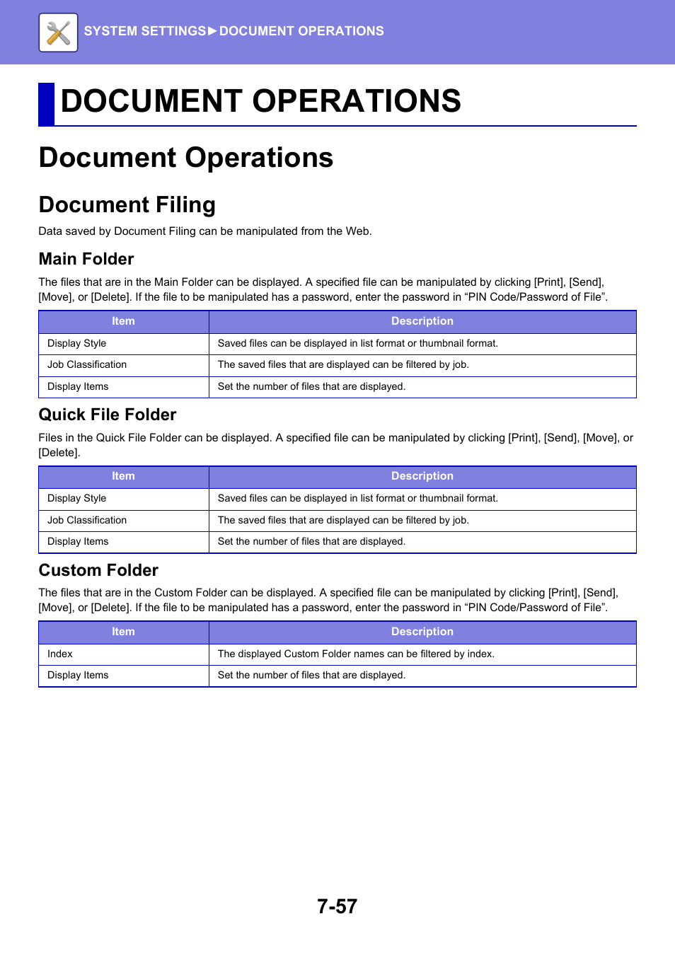 Document operations, Document operations -57, Document filing -57 | Document filing, Main folder, Quick file folder, Custom folder | Sharp MX-6070N User Manual | Page 772 / 935