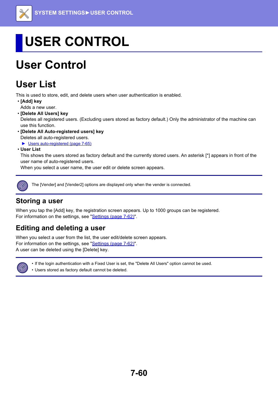 User control, User control -60, User list -60 | User list, Storing a user, Editing and deleting a user | Sharp MX-6070N User Manual | Page 775 / 935