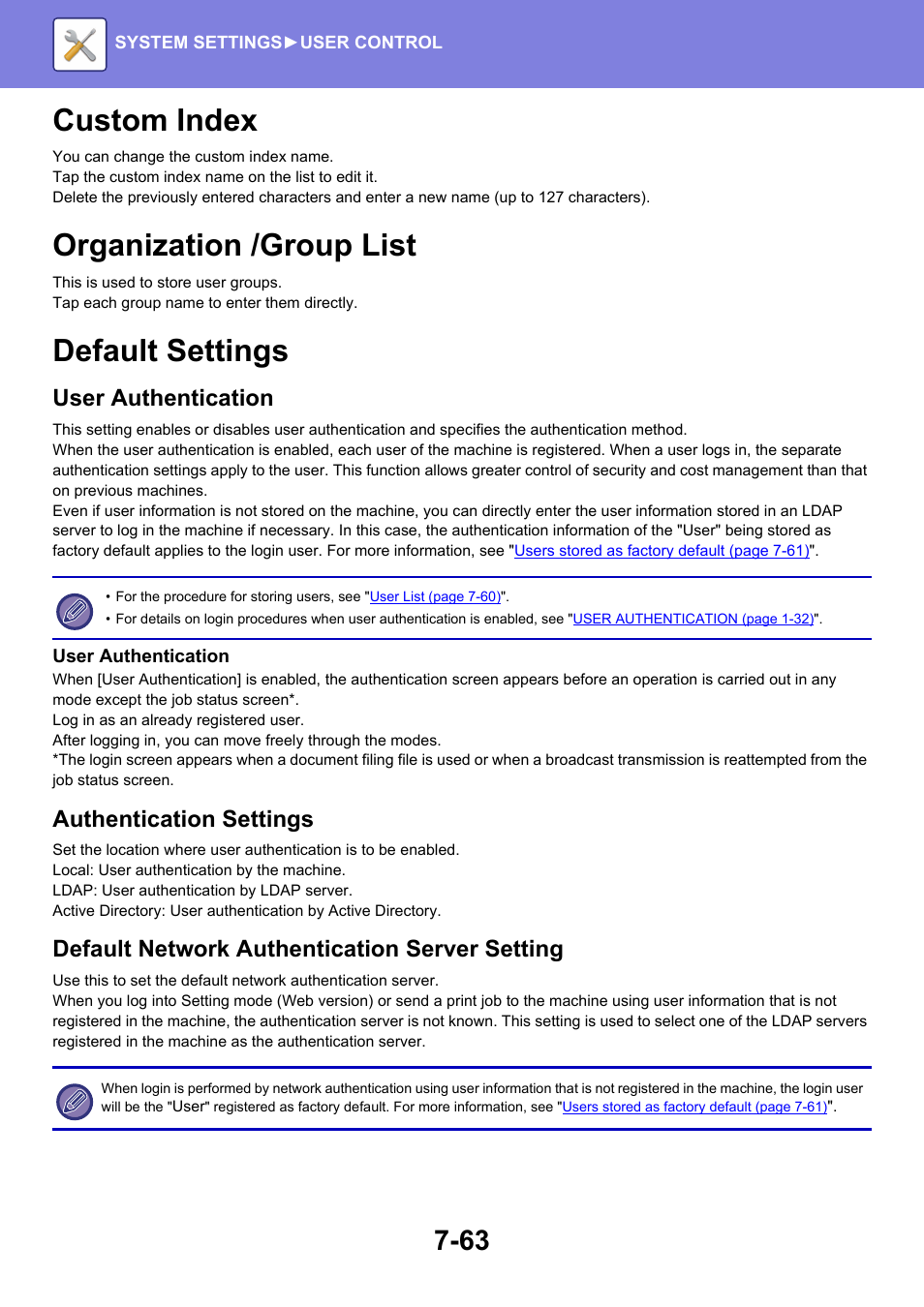 Custom index -63, Organization /group list -63, Default settings -63 | Custom index, Organization /group list, Default settings, User authentication, Authentication settings, Default network authentication server setting | Sharp MX-6070N User Manual | Page 778 / 935