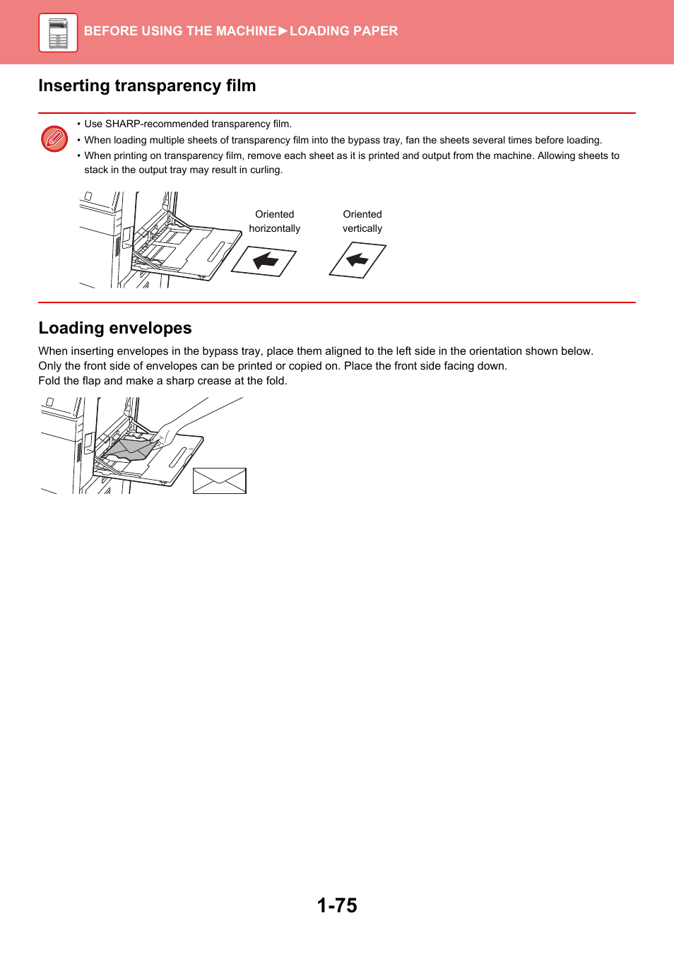 Inserting transparency film loading envelopes | Sharp MX-6070N User Manual | Page 78 / 935