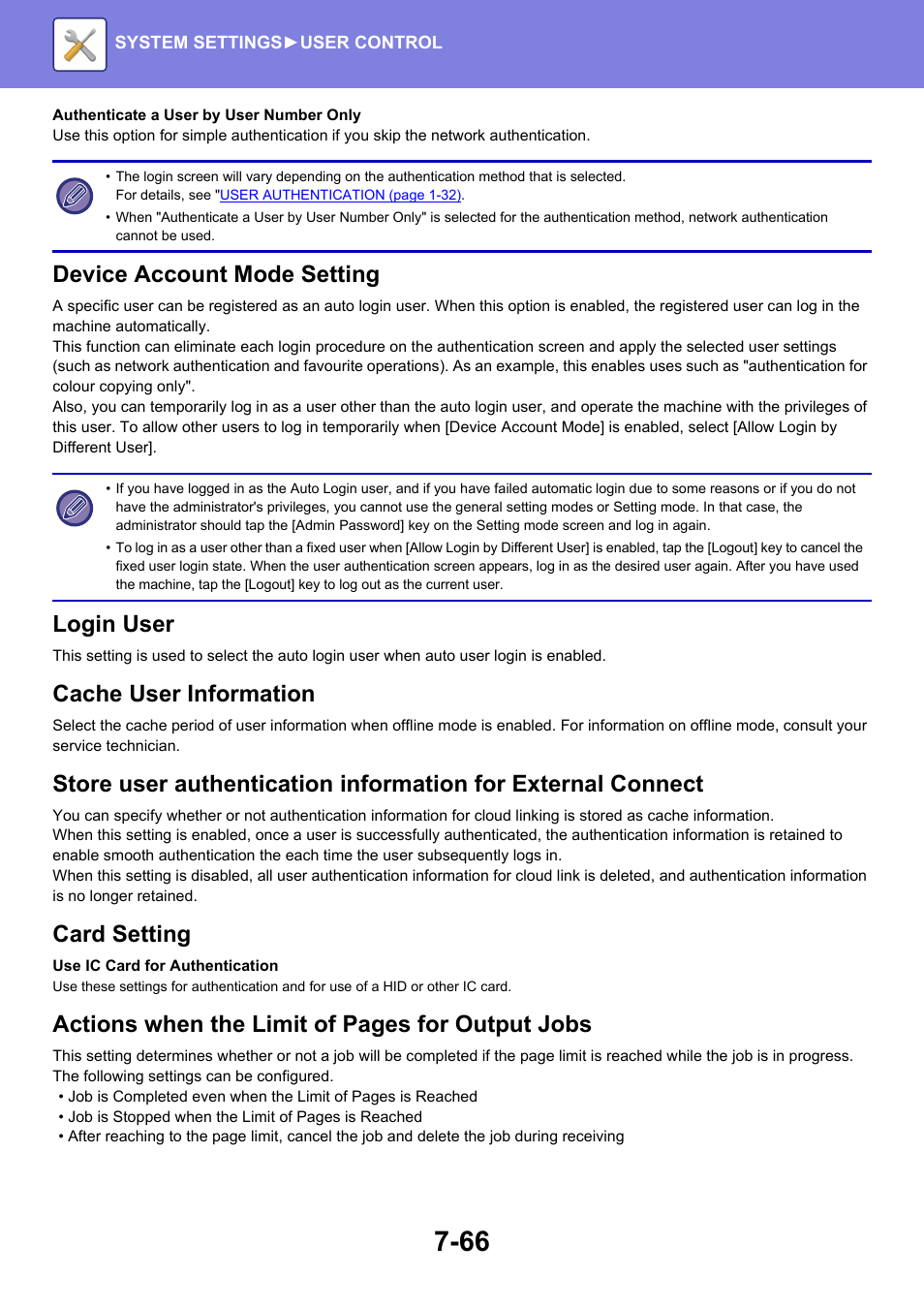 Device account mode setting, Login user, Cache user information | Card setting, Actions when the limit of pages for output jobs | Sharp MX-6070N User Manual | Page 781 / 935