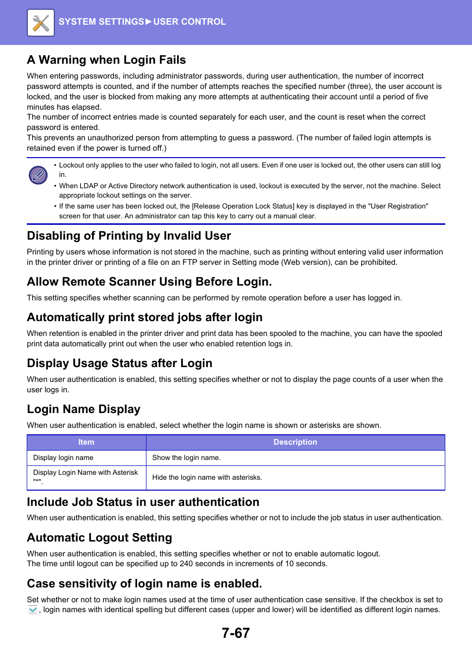 A warning when login fails, Disabling of printing by invalid user, Allow remote scanner using before login | Automatically print stored jobs after login, Display usage status after login, Login name display, Include job status in user authentication, Automatic logout setting, Case sensitivity of login name is enabled | Sharp MX-6070N User Manual | Page 782 / 935