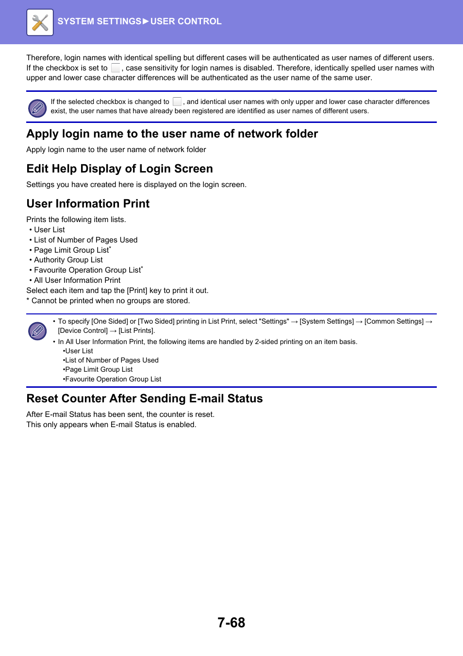 Edit help display of login screen, User information print, Reset counter after sending e-mail status | Sharp MX-6070N User Manual | Page 783 / 935