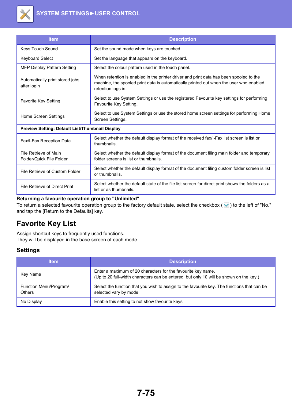 Favorite key list, Settings | Sharp MX-6070N User Manual | Page 790 / 935