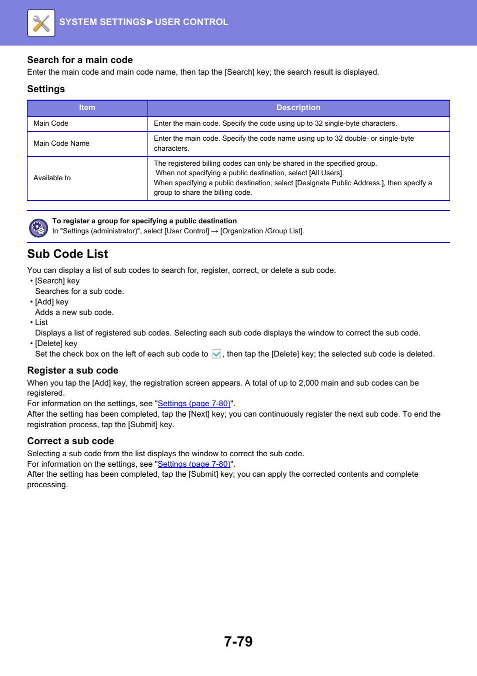 Sub code list | Sharp MX-6070N User Manual | Page 794 / 935