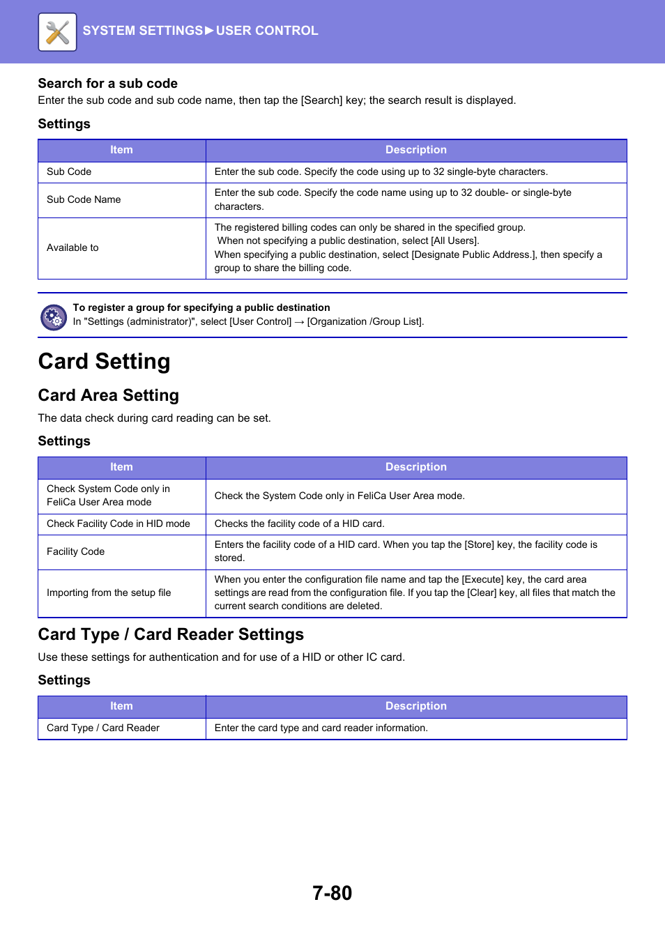 Card setting -80, Card setting, Card area setting | Card type / card reader settings | Sharp MX-6070N User Manual | Page 795 / 935