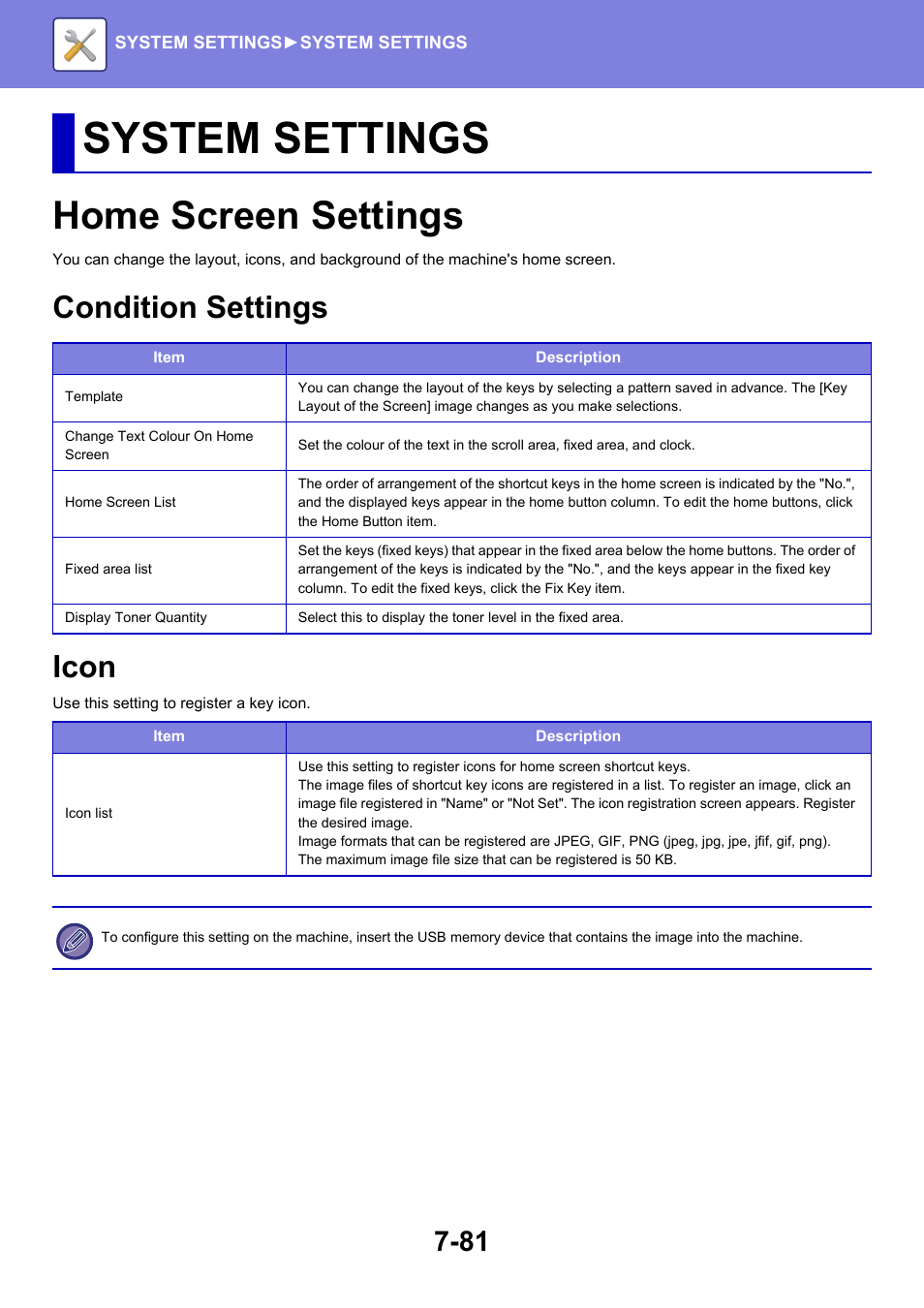 System settings, Home screen settings -81, Condition settings -81 | Icon -81, Home screen settings, Condition settings icon | Sharp MX-6070N User Manual | Page 796 / 935