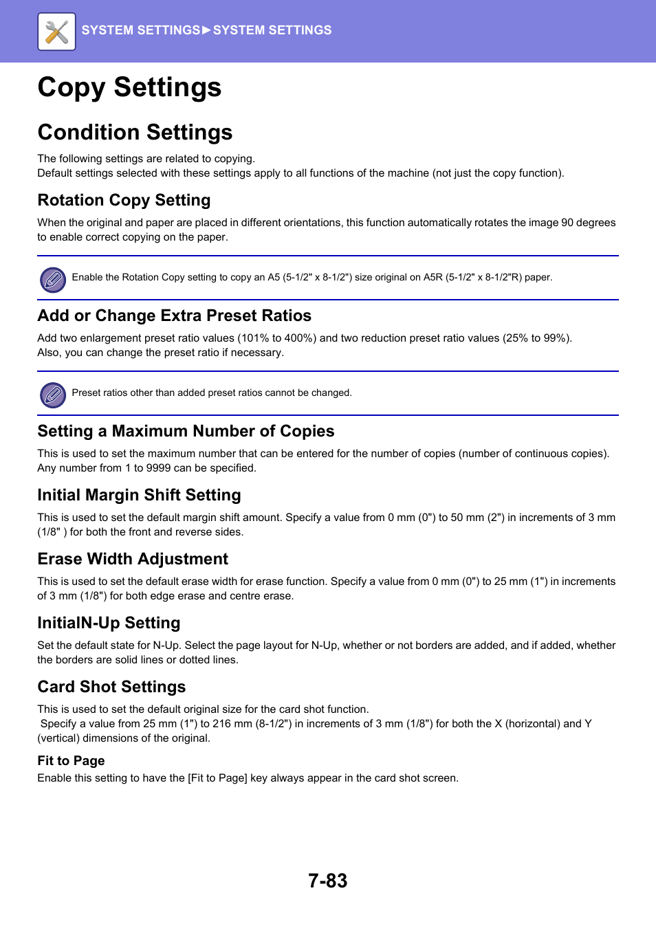 Copy settings -83, Condition settings -83, Copy settings | Condition settings, Rotation copy setting, Add or change extra preset ratios, Setting a maximum number of copies, Initial margin shift setting, Erase width adjustment, Initialn-up setting | Sharp MX-6070N User Manual | Page 798 / 935