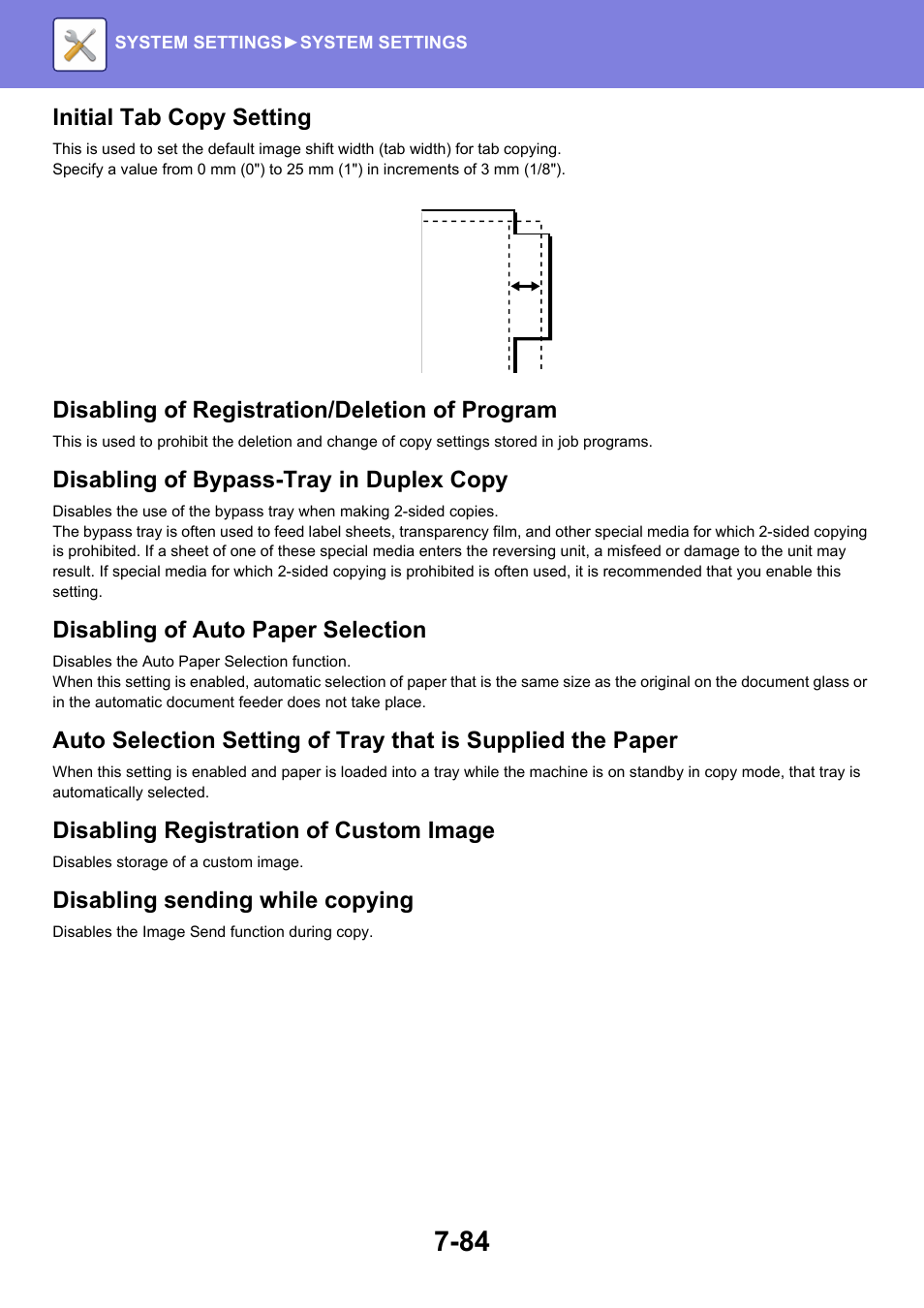 Initial tab copy setting, Disabling of registration/deletion of program, Disabling of bypass-tray in duplex copy | Disabling of auto paper selection, Disabling registration of custom image, Disabling sending while copying | Sharp MX-6070N User Manual | Page 799 / 935