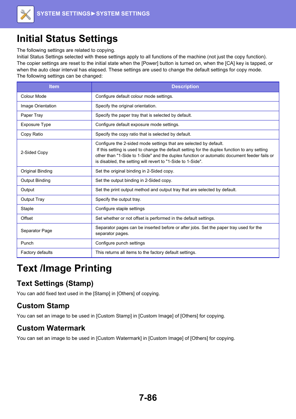 Initial status settings -86, Text /image printing -86, Initial status settings | Text /image printing, Text settings (stamp), Custom stamp, Custom watermark | Sharp MX-6070N User Manual | Page 801 / 935