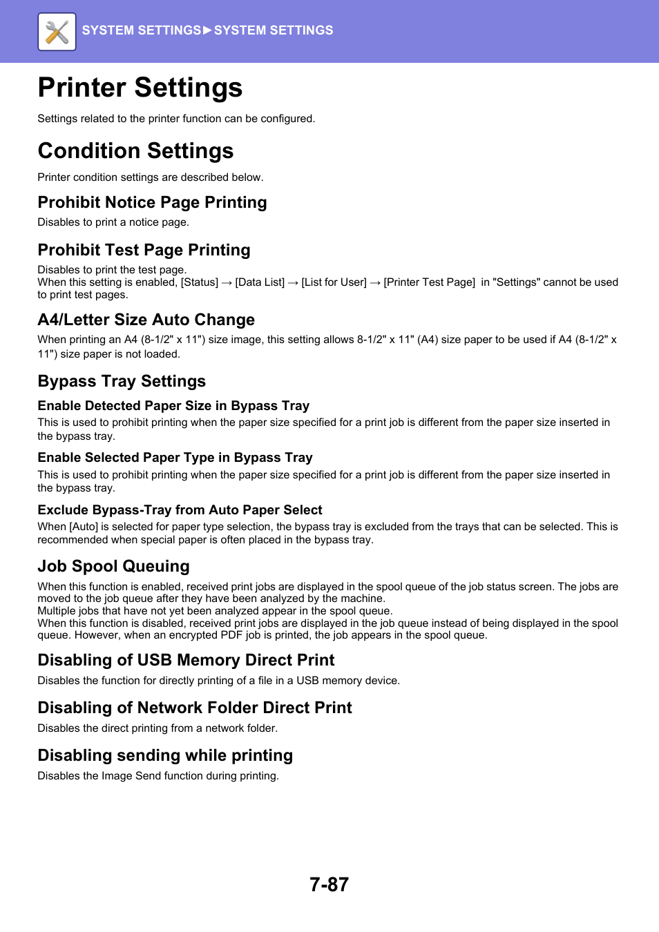 Printer settings -87, Condition settings -87, Printer settings | Condition settings, Prohibit notice page printing, Prohibit test page printing, A4/letter size auto change, Bypass tray settings, Job spool queuing, Disabling of network folder direct print | Sharp MX-6070N User Manual | Page 802 / 935