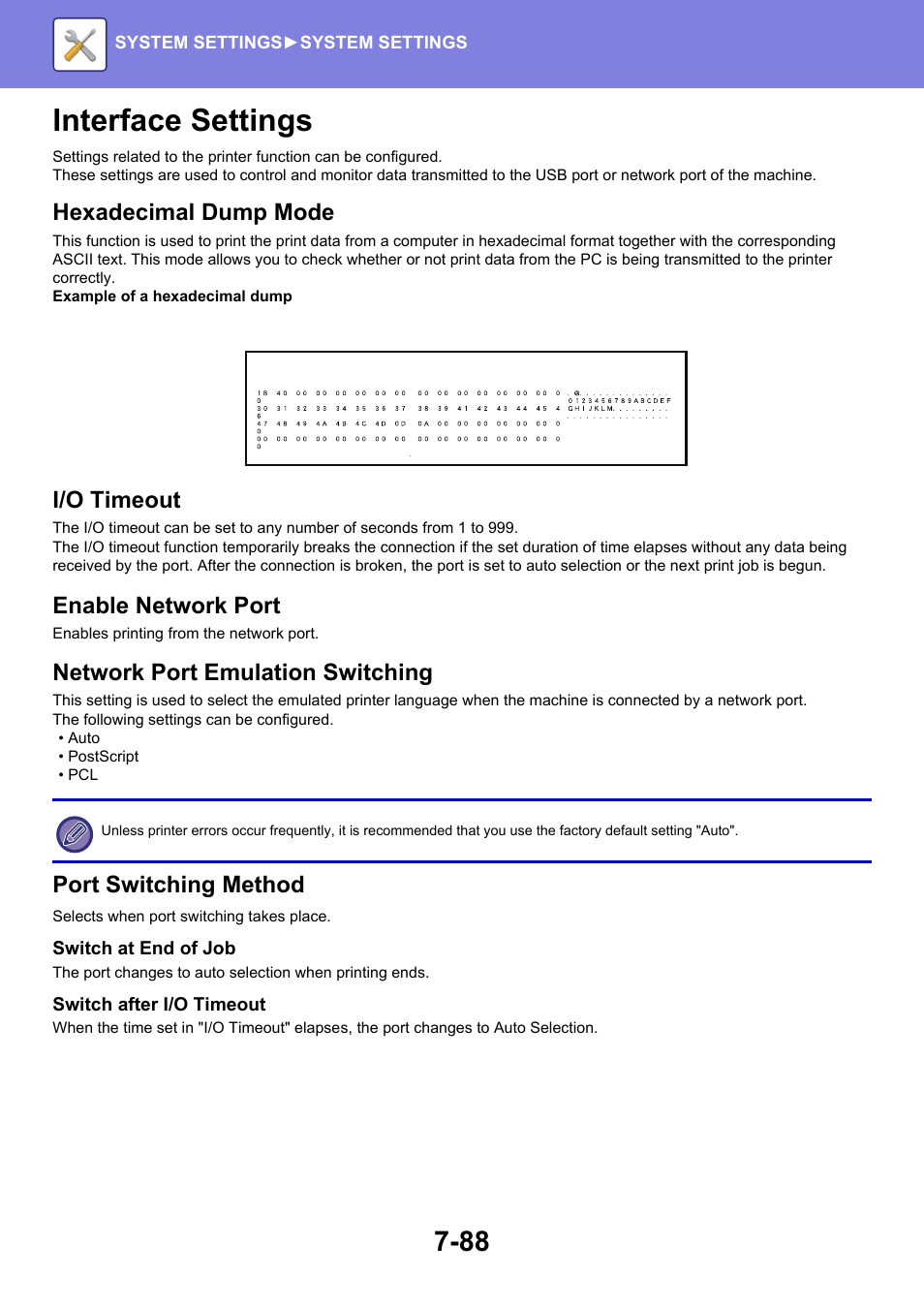 Interface settings -88, Interface settings, Hexadecimal dump mode | I/o timeout, Enable network port, Network port emulation switching, Port switching method | Sharp MX-6070N User Manual | Page 803 / 935