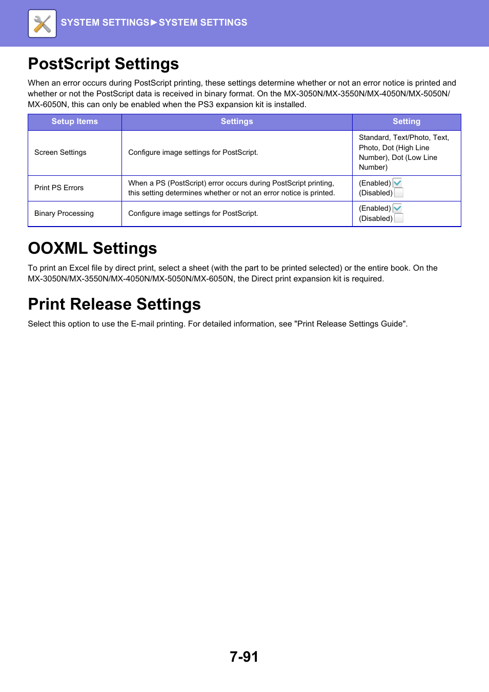 Postscript settings -91, Ooxml settings -91, Print release settings -91 | Postscript settings, Ooxml settings, Print release settings | Sharp MX-6070N User Manual | Page 806 / 935