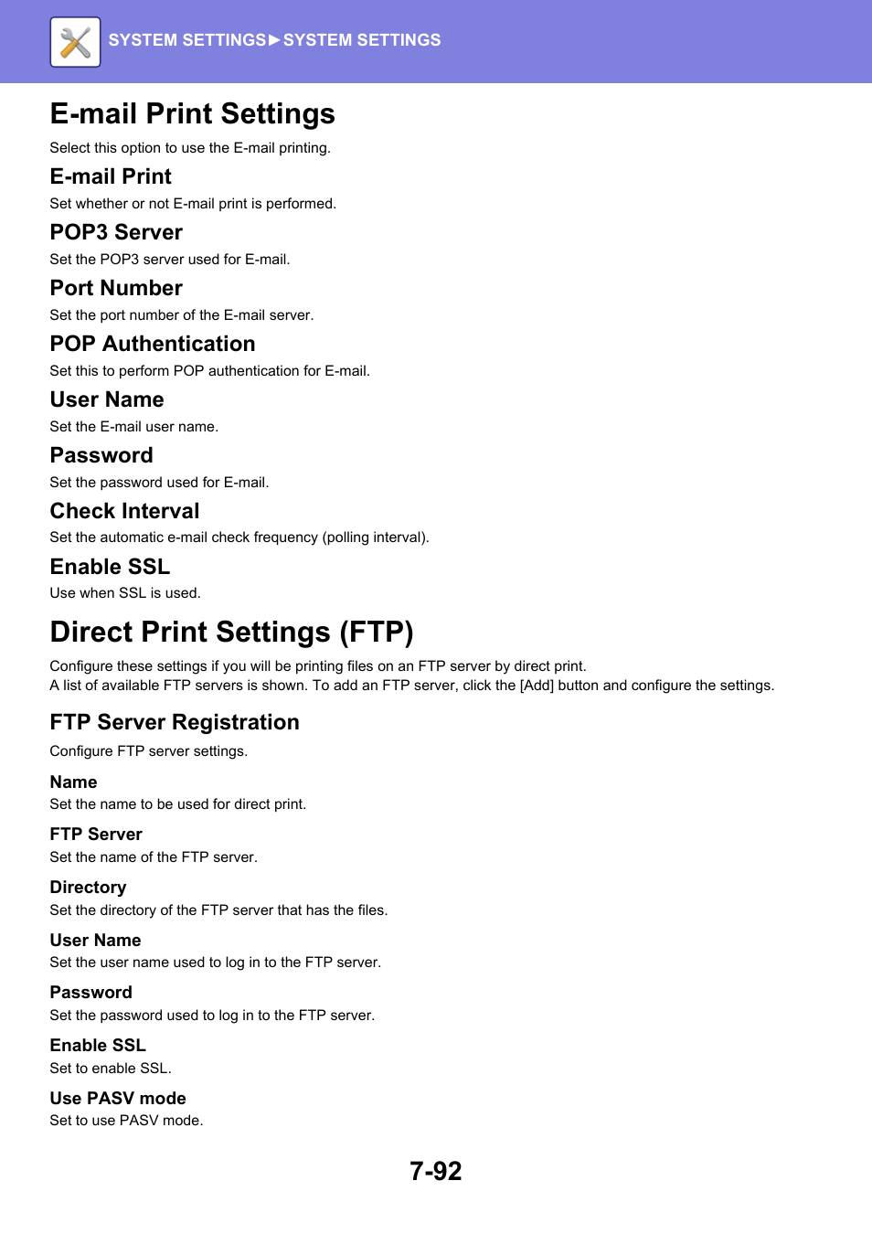 E-mail print settings -92, Direct print settings (ftp) -92, E-mail print settings | Direct print settings (ftp), E-mail print, Pop3 server, Port number, Pop authentication, User name, Password | Sharp MX-6070N User Manual | Page 807 / 935