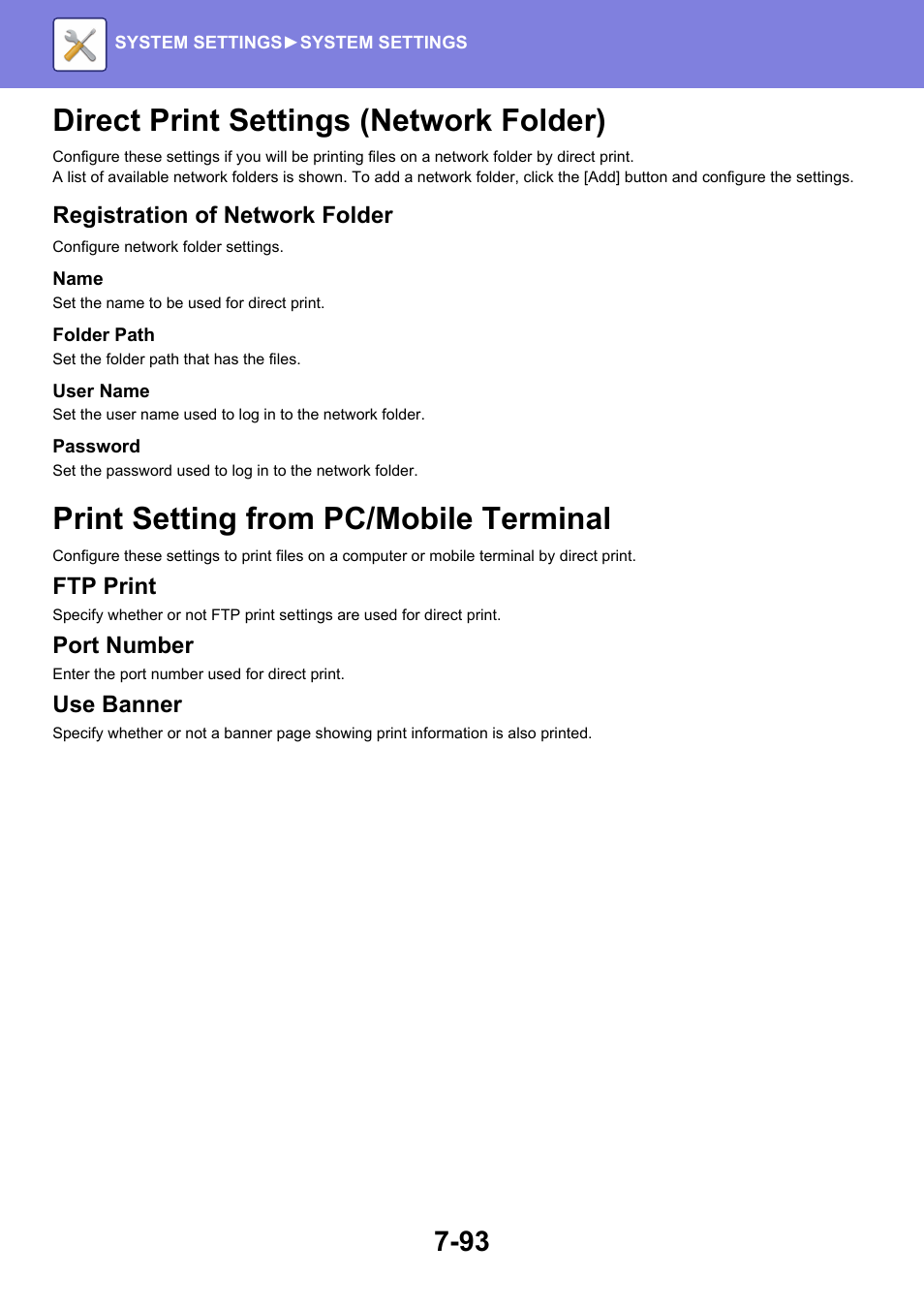 Direct print settings (network folder) -93, Print setting from pc/mobile terminal -93, Direct print settings (network folder) | Print setting from pc/mobile terminal, Registration of network folder, Ftp print, Port number, Use banner | Sharp MX-6070N User Manual | Page 808 / 935