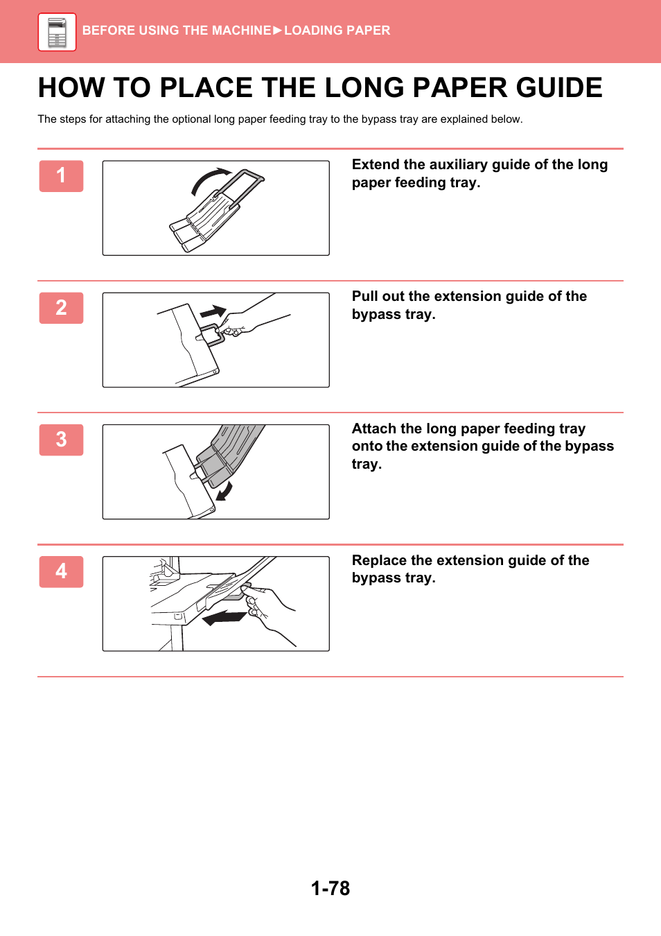 How to place the long paper guide -78, How to place the long paper guide | Sharp MX-6070N User Manual | Page 81 / 935