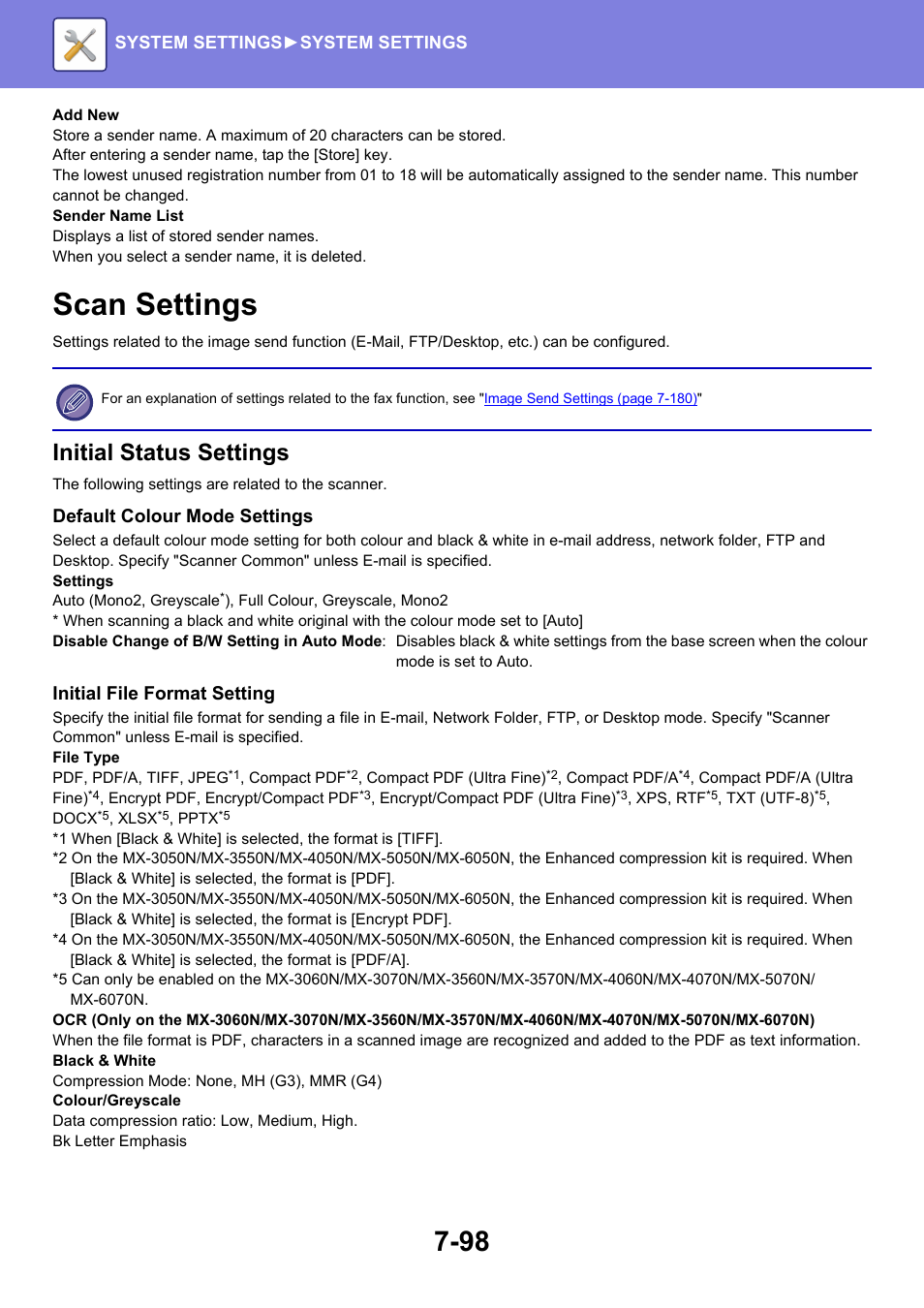 Scan settings -98, Scan settings, Initial status settings | Default colour mode settings, Initial file format setting | Sharp MX-6070N User Manual | Page 813 / 935