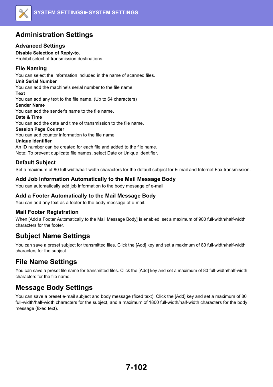 Administration settings, Subject name settings, File name settings | Message body settings | Sharp MX-6070N User Manual | Page 817 / 935