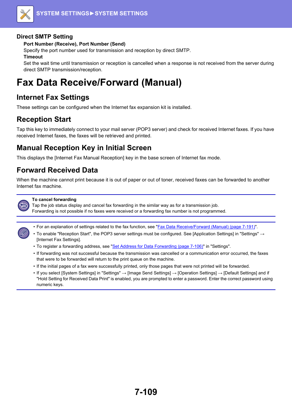 Fax data receive/forward (manual) -109, Fax data receive/forward (manual), Internet fax settings | Reception start, Manual reception key in initial screen, Forward received data | Sharp MX-6070N User Manual | Page 824 / 935