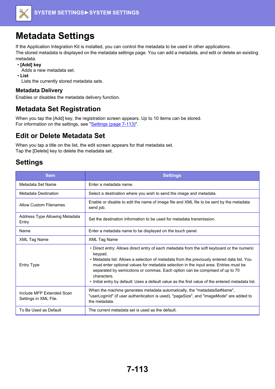 Metadata settings -113, Metadata settings, Metadata set registration | Edit or delete metadata set, Settings | Sharp MX-6070N User Manual | Page 828 / 935