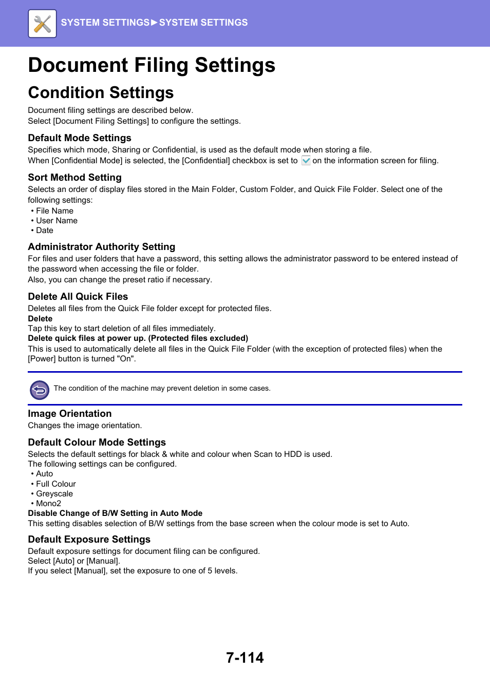 Document filing settings -114, Condition settings -114, Document filing settings | Condition settings | Sharp MX-6070N User Manual | Page 829 / 935